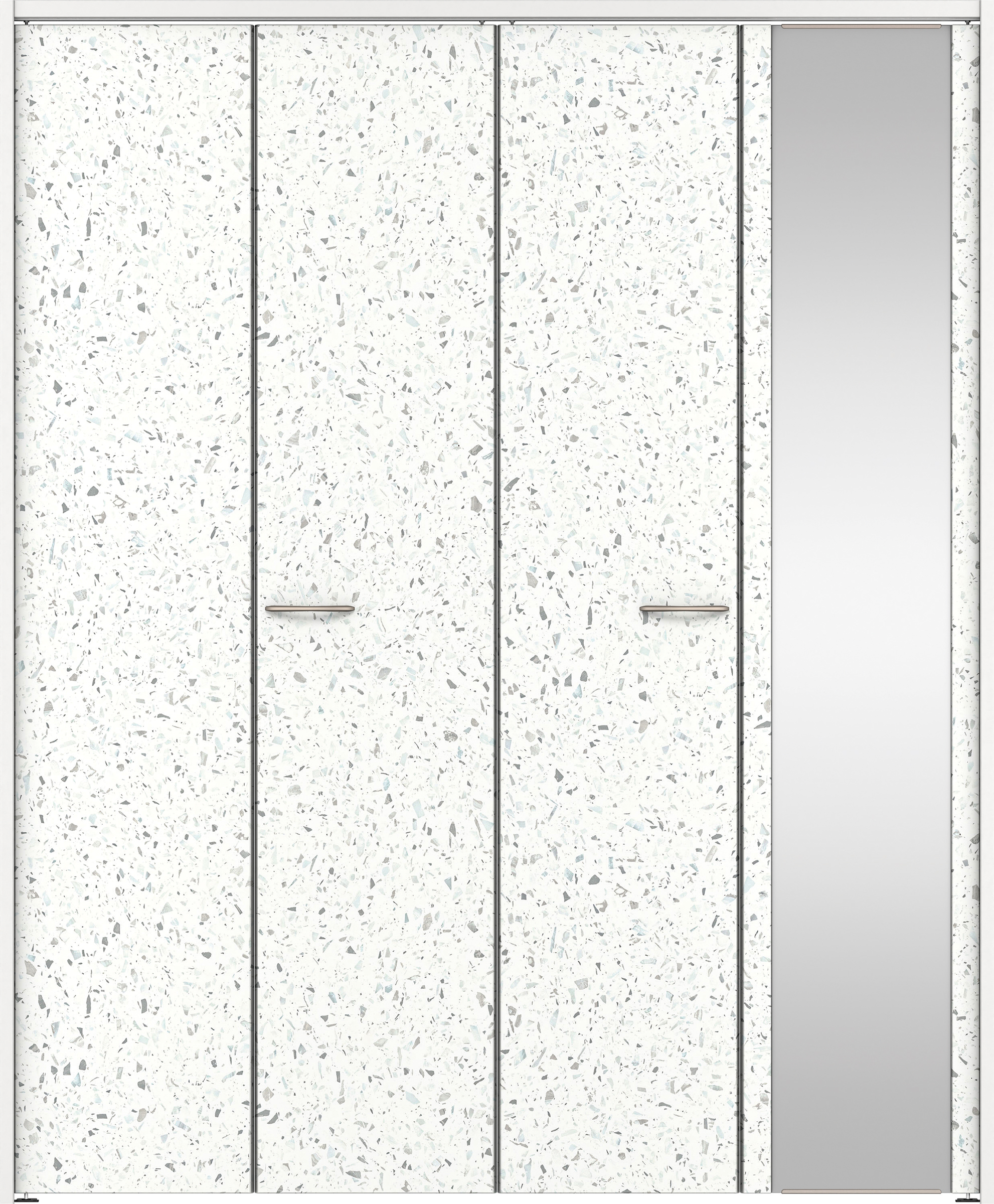 クローク収納　イエリア　折戸ユニット　フラットタイプ　ミラー扉　下レールレス三方枠（固定枠）　セット　１６８０幅（６尺間口）　２０３５高　〈テラゾホワイト柄〉　ハンドル角型〈鏡面クローム仕上げ〉