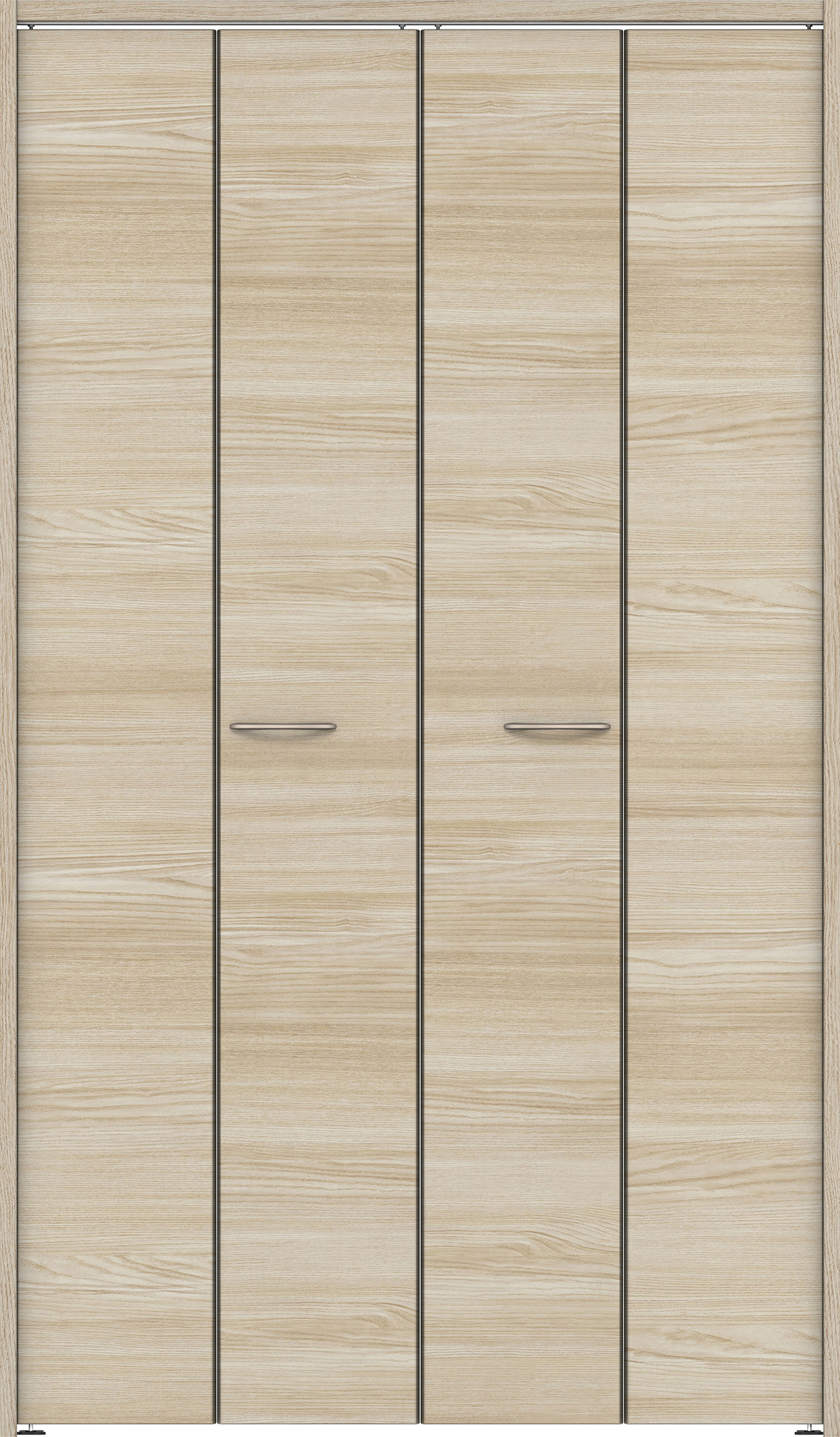 クローク収納　イエリア　折戸ユニット　フラット横木目　ウッド扉　下レールレス三方枠（固定枠）　セット　１１９０幅（４．５尺間口）　２０３５高　〈ソフトグレージュ柄〉　ハンドルラウンド型〈Ｔシルバー色〉