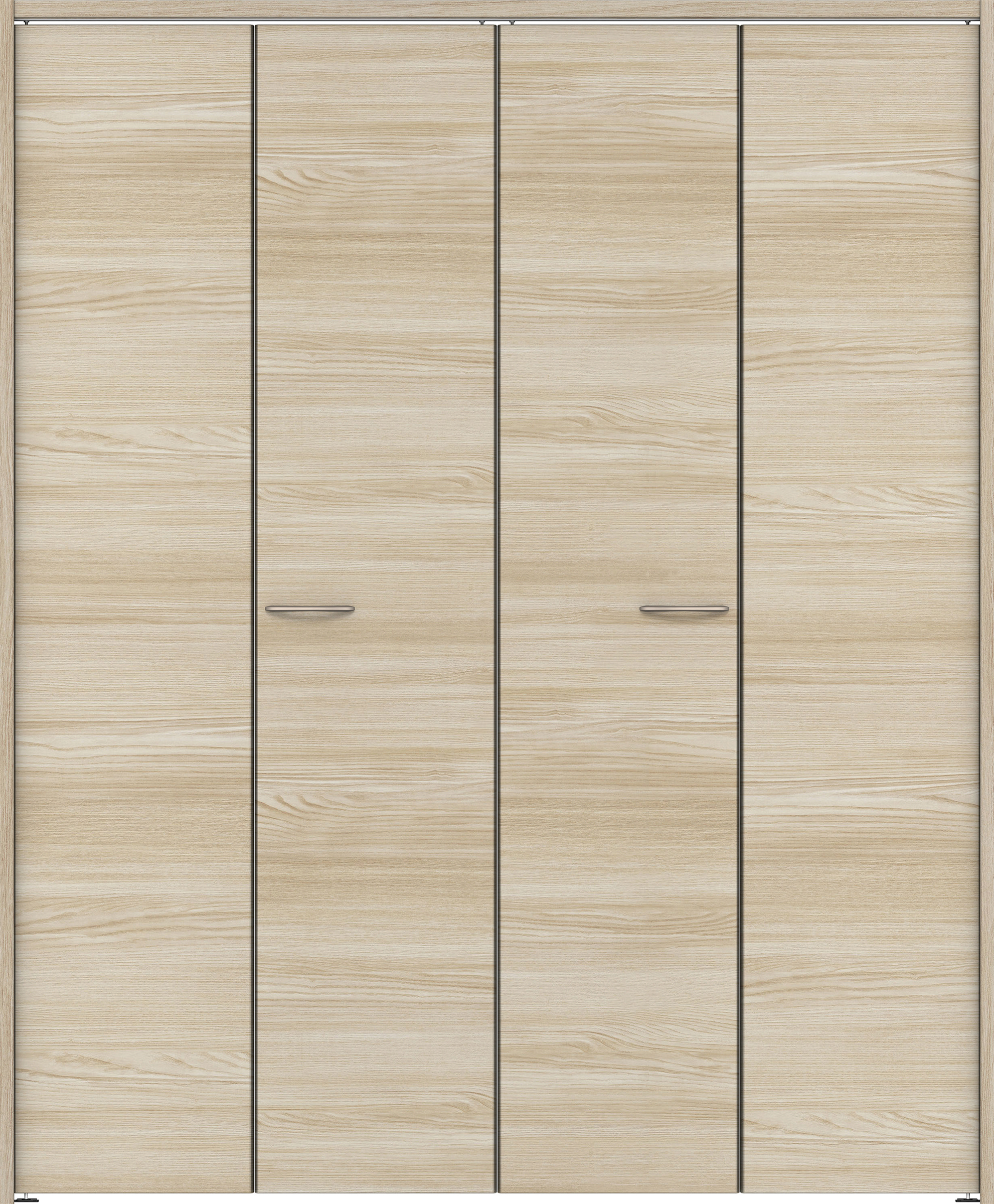 クローク収納　イエリア　折戸ユニット　フラット横木目　ウッド扉　下レールレス三方枠（固定枠）　セット　１６４４幅（６尺小間口）　２０３５高　〈ソフトグレージュ柄〉　ハンドルラウンド型〈Ｔシルバー色〉