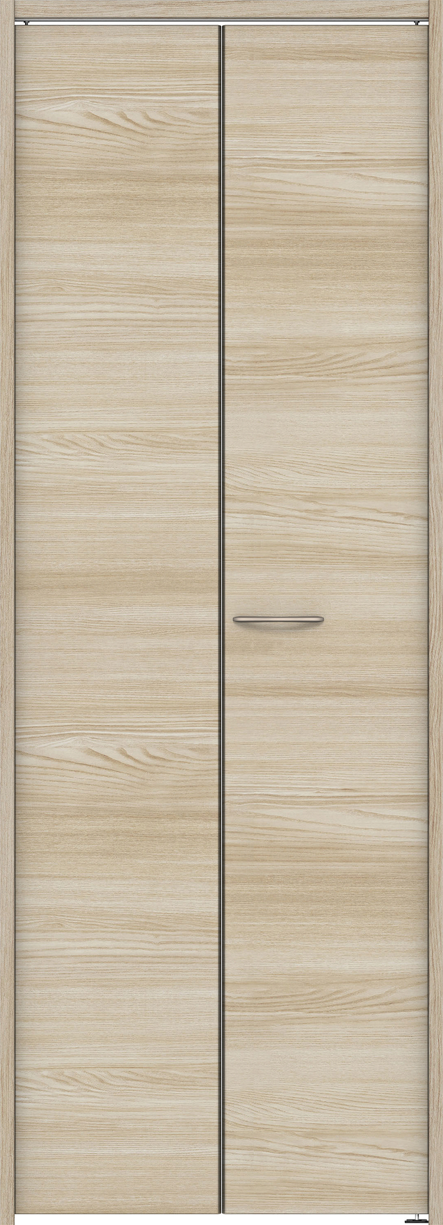 クローク収納　イエリア　折戸ユニット　フラット横木目タイプ　ウッド扉　下レールレス三方枠（固定枠）　セット　７３５幅（３尺間口）　２０３５高　〈ソフトグレージュ柄〉　ハンドルラウンド型〈Ｔシルバー色〉