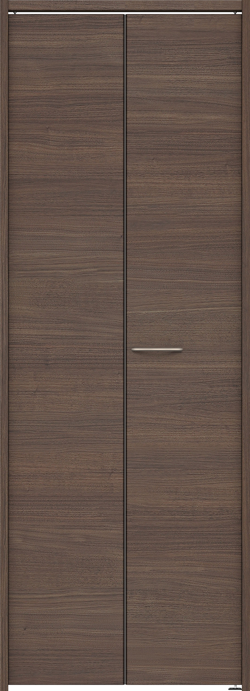 クローク収納　イエリア　折戸ユニット　フラット横木目タイプ　ウッド扉　下レールレス三方枠（固定枠）　セット　７３５幅（３尺間口）　２０３５高　〈ダルブラウン柄〉　ハンドルラウンド型〈Ｔシルバー色〉