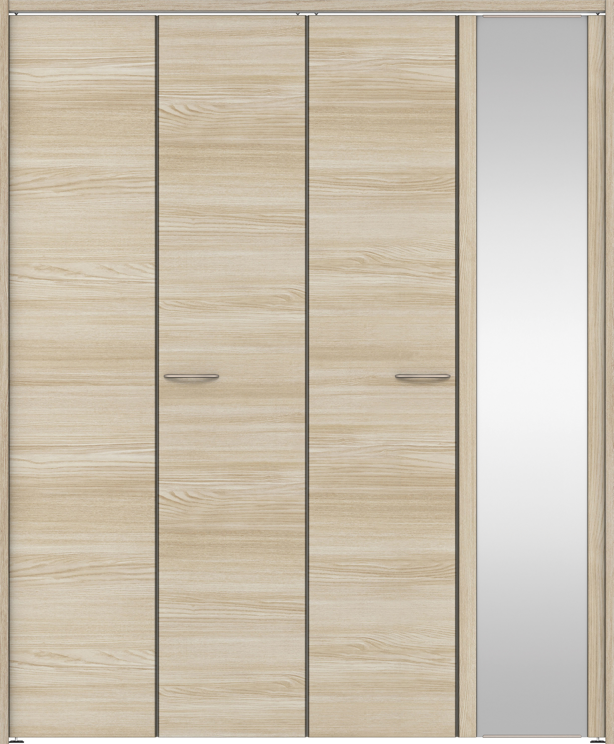 クローク収納　イエリア　折戸ユニット　フラット横木目　ミラー扉　下レールレス三方枠（固定枠）　セット　１６８０幅（６尺間口）　２０３５高　〈ソフトグレージュ柄〉　ハンドルラウンド型〈Ｔシルバー色〉