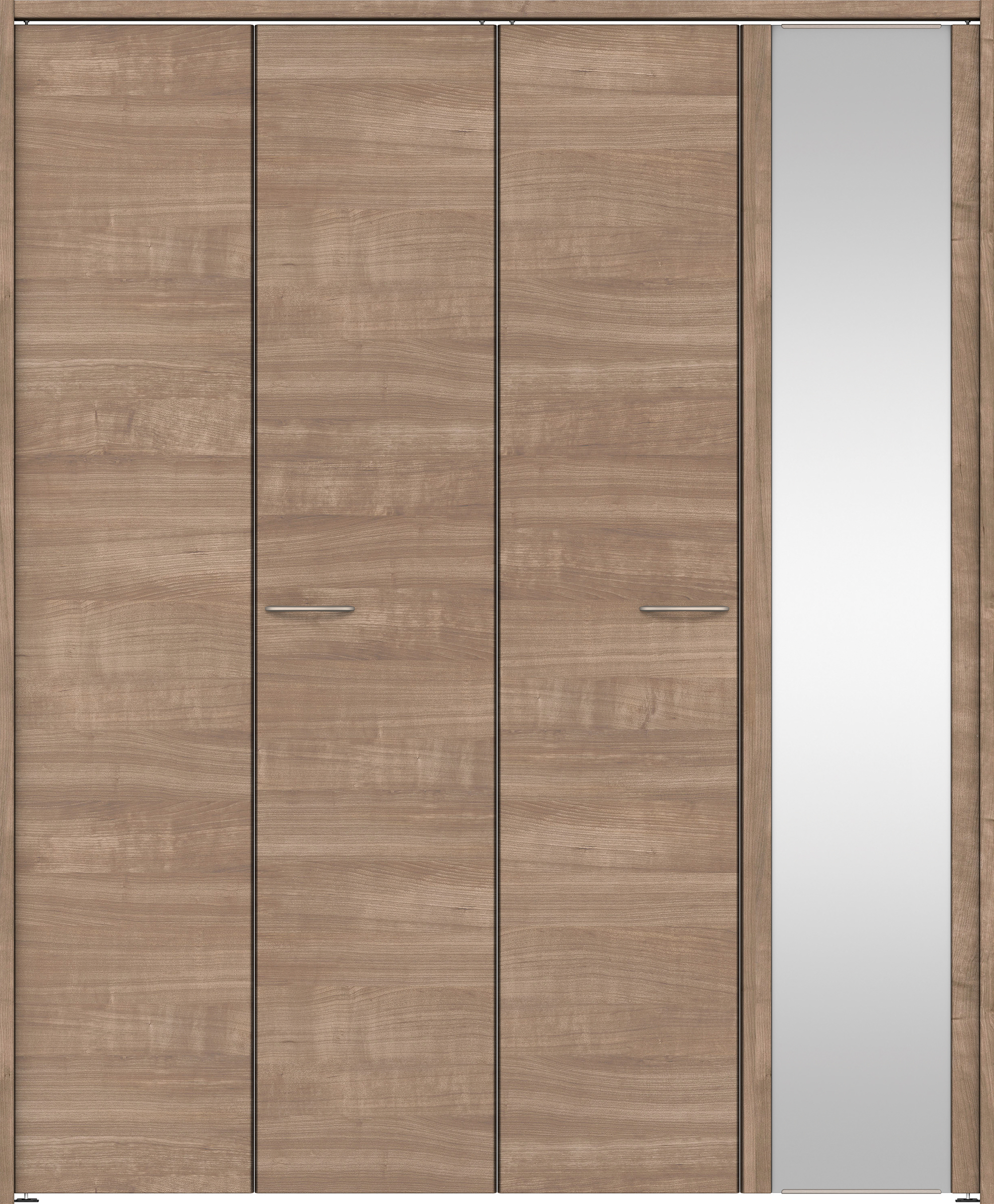 クローク収納　イエリア　折戸ユニット　フラット横木目タイプ　ミラー扉　下レールレス三方枠（固定枠）　セット　１６４４幅（６尺小間口）　２０３５高　〈トープグレー柄〉　ハンドル角型〈鏡面クローム仕上げ〉