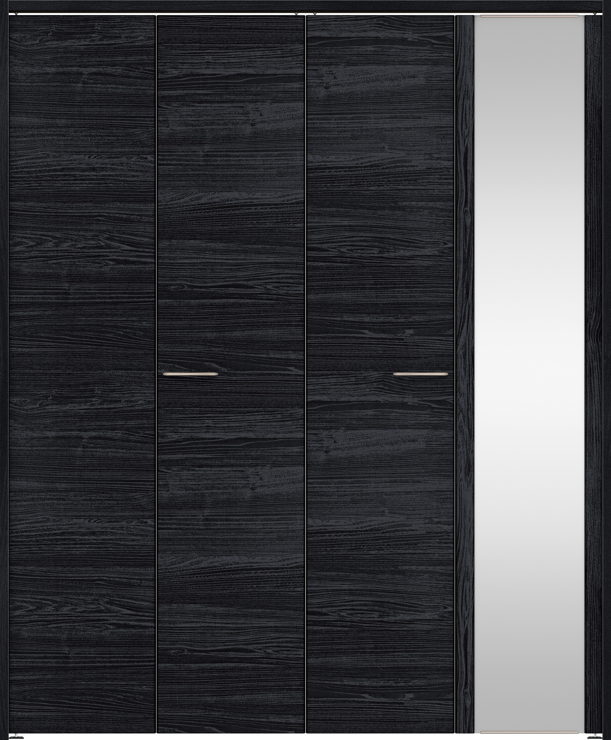 クローク収納　イエリア　折戸ユニット　フラット横木目タイプ　ミラー扉　下レールレス三方枠（固定枠）　セット　１６８０幅（６尺間口）　２０３５高　〈モスブラック柄〉　ハンドルラウンド型〈Ｔシルバー色〉