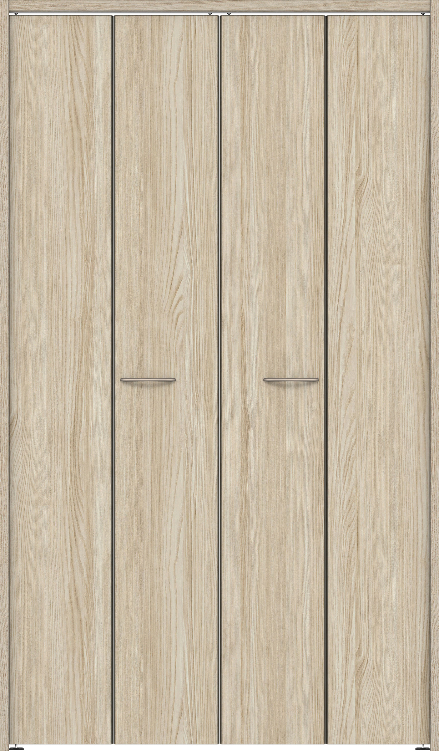 クローク収納　イエリア　折戸ユニット　フラット縦木目　ウッド扉　下レールレス三方枠（固定枠）　セット　１１９０幅（４．５尺間口）　２０３５高　〈ソフトグレージュ柄〉　ハンドルラウンド型〈Ｔシルバー色〉