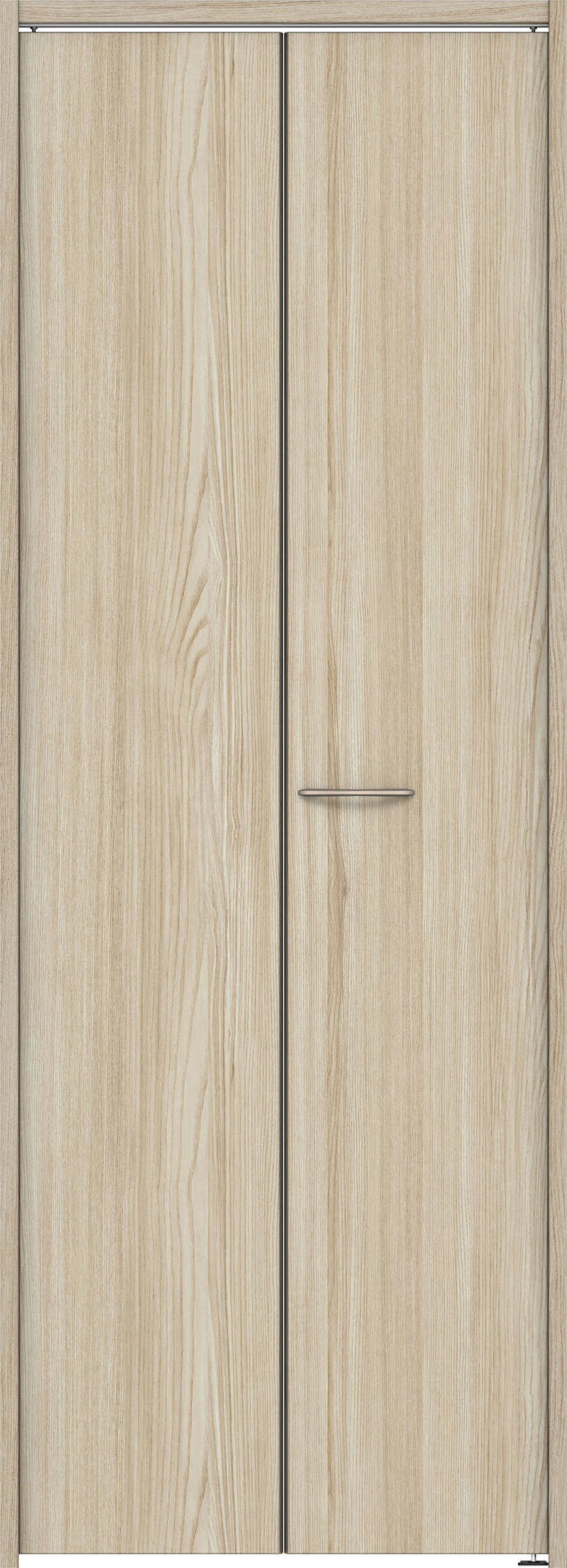 クローク収納　イエリア　折戸ユニット　フラット縦木目タイプ　ウッド扉　下レールレス三方枠（固定枠）　セット　７３５幅（３尺間口）　２０３５高　〈ソフトグレージュ柄〉　ハンドルラウンド型〈Ｔシルバー色〉