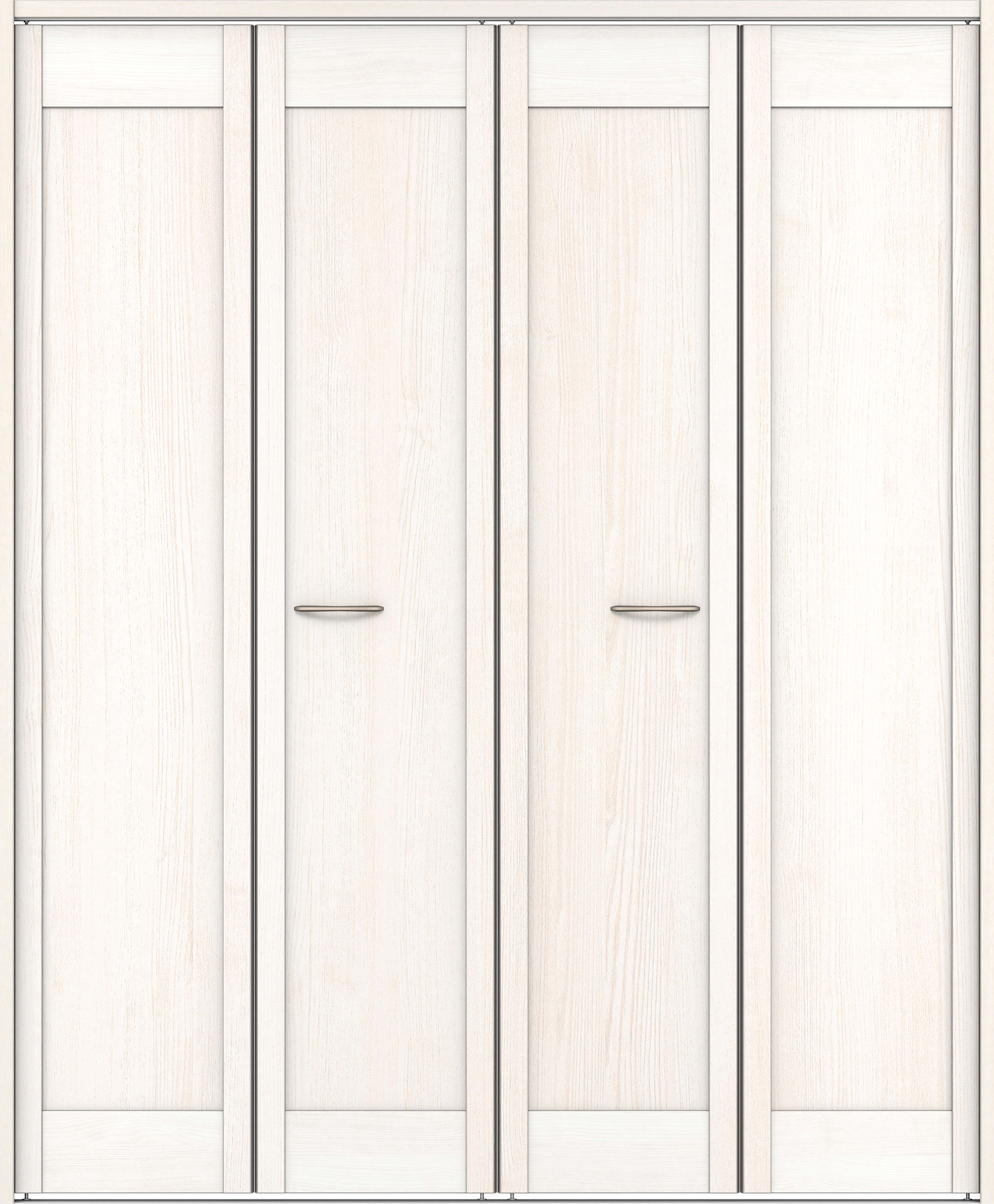 クローク収納　イエリア　折戸ユニット　カマチタイプ　ウッド扉　下レール付三方枠（固定枠）　セット　１６４４幅（６尺小間口）　２０３５高　〈ネオホワイト柄〉　ハンドルラウンド型〈Ｔシルバー色〉