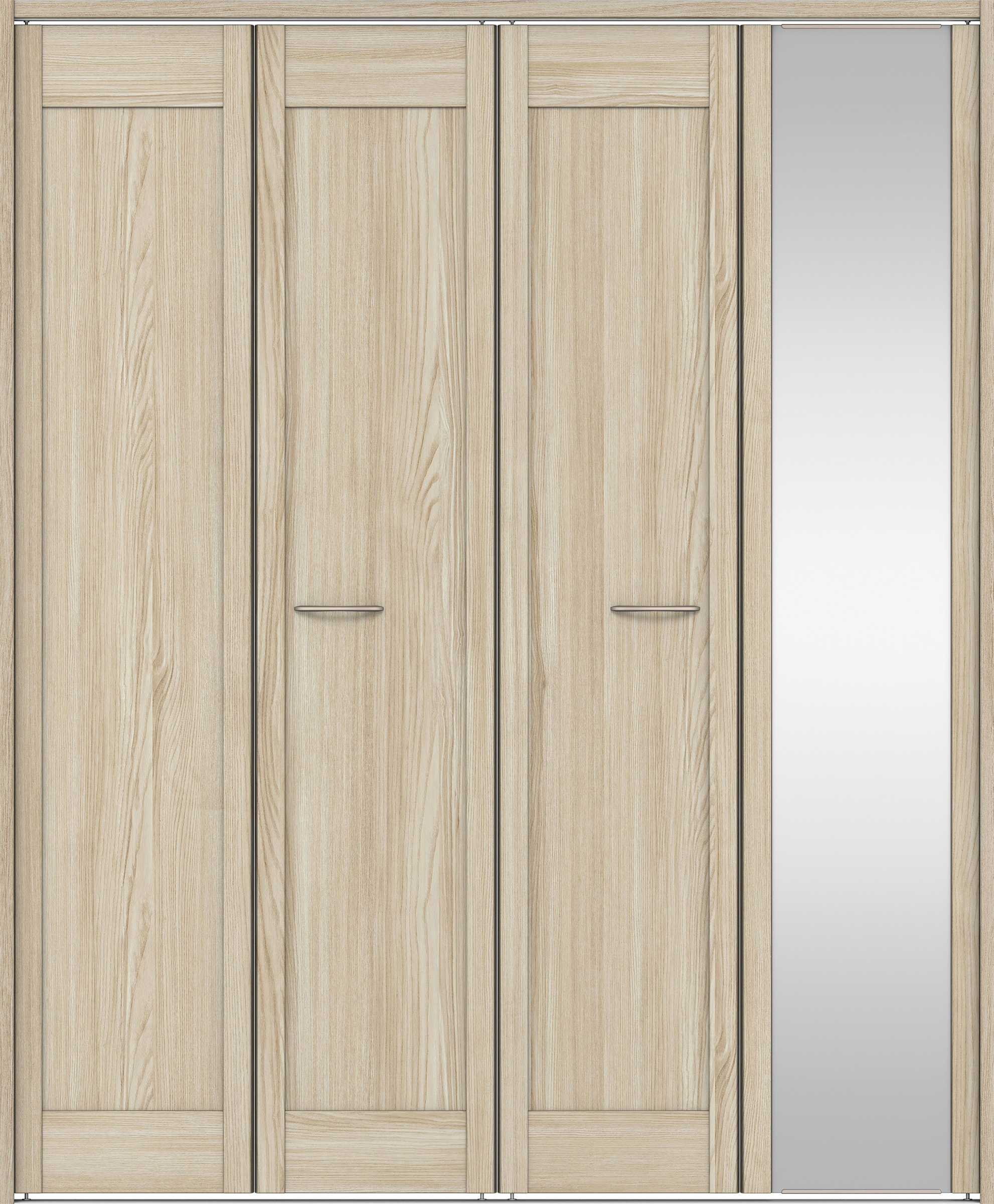 クローク収納　イエリア　折戸ユニット　カマチタイプ　ミラー扉　下レール付三方枠（固定枠）　セット　１６４４幅（６尺小間口）　２０３５高　〈ソフトグレージュ柄〉　ハンドルラウンド型〈Ｔシルバー色〉