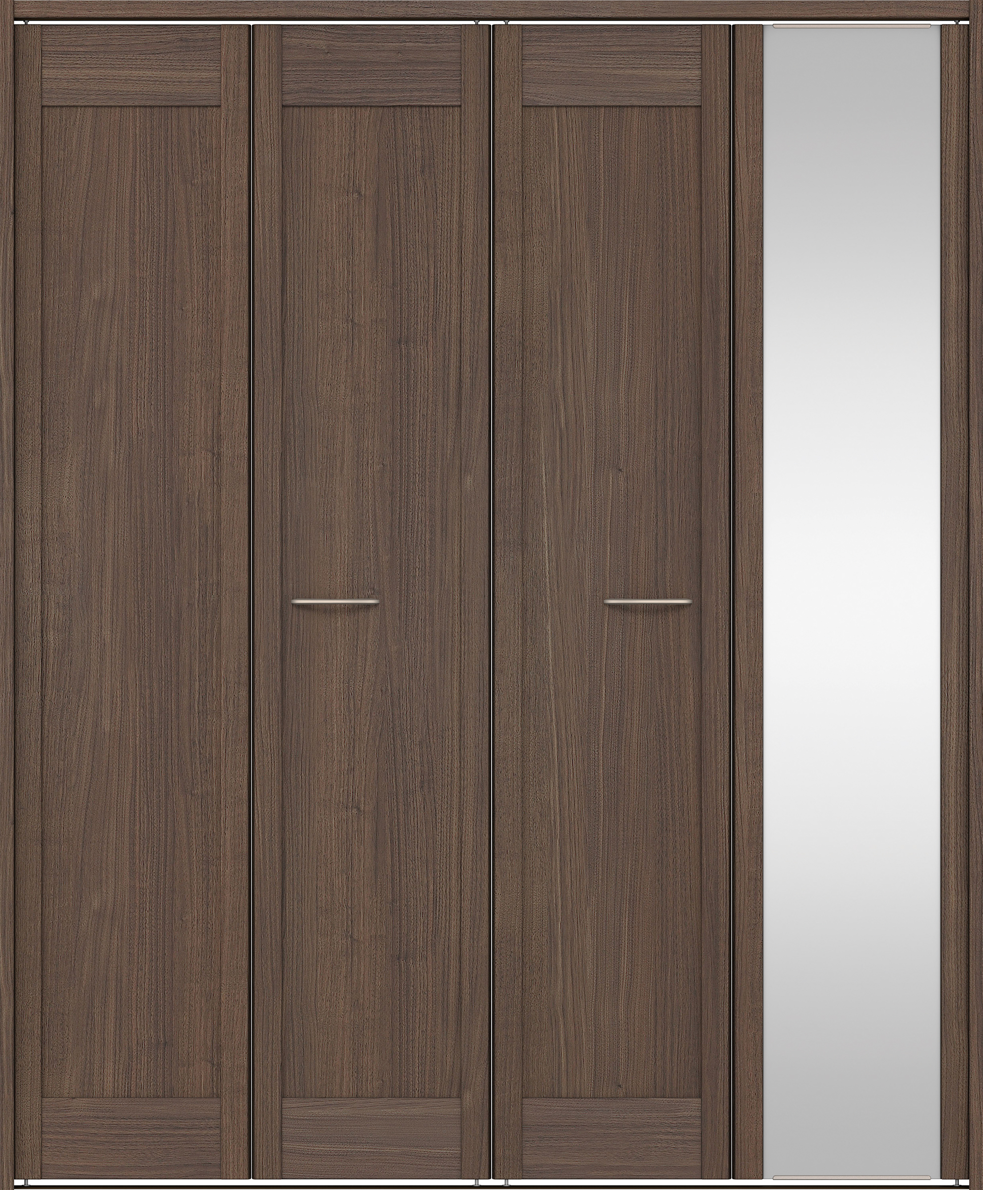 クローク収納　イエリア　折戸ユニット　カマチタイプ　ミラー扉　下レール付三方枠（固定枠）　セット　１６４４幅（６尺小間口）　２０３５高　〈ダルブラウン柄〉　ハンドルラウンド型〈Ｔシルバー色〉