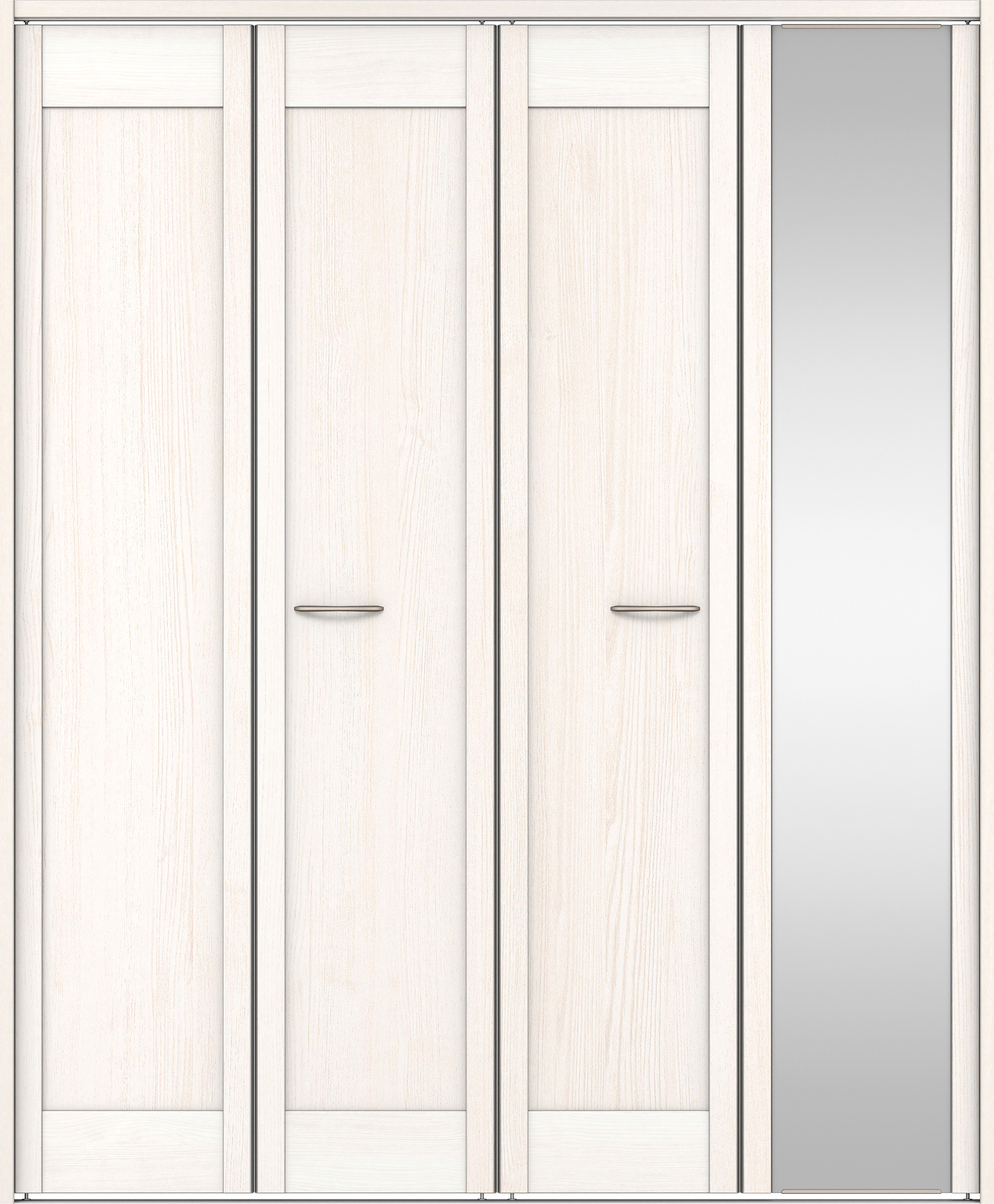 クローク収納　イエリア　折戸ユニット　カマチタイプ　ミラー扉　下レール付三方枠（固定枠）　セット　１６４４幅（６尺小間口）　２０３５高　〈ネオホワイト柄〉　ハンドルラウンド型〈Ｔシルバー色〉