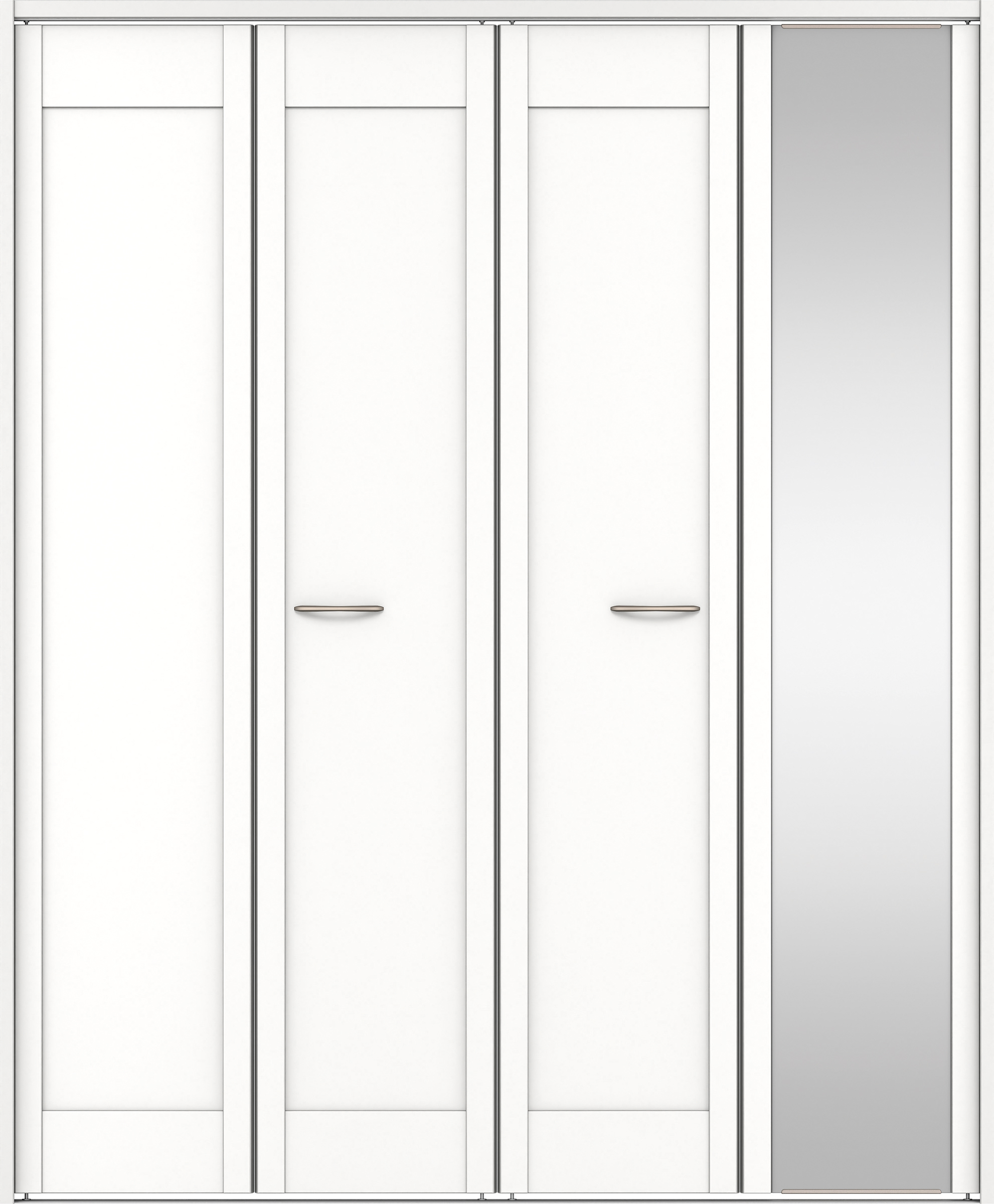 クローク収納　イエリア　折戸ユニット　カマチタイプ　ミラー扉　下レール付三方枠（固定枠）　セット　１６８０幅（６尺間口）　２０３５高　〈パウダーホワイト柄〉　ハンドルラウンド型〈Ｔシルバー色〉