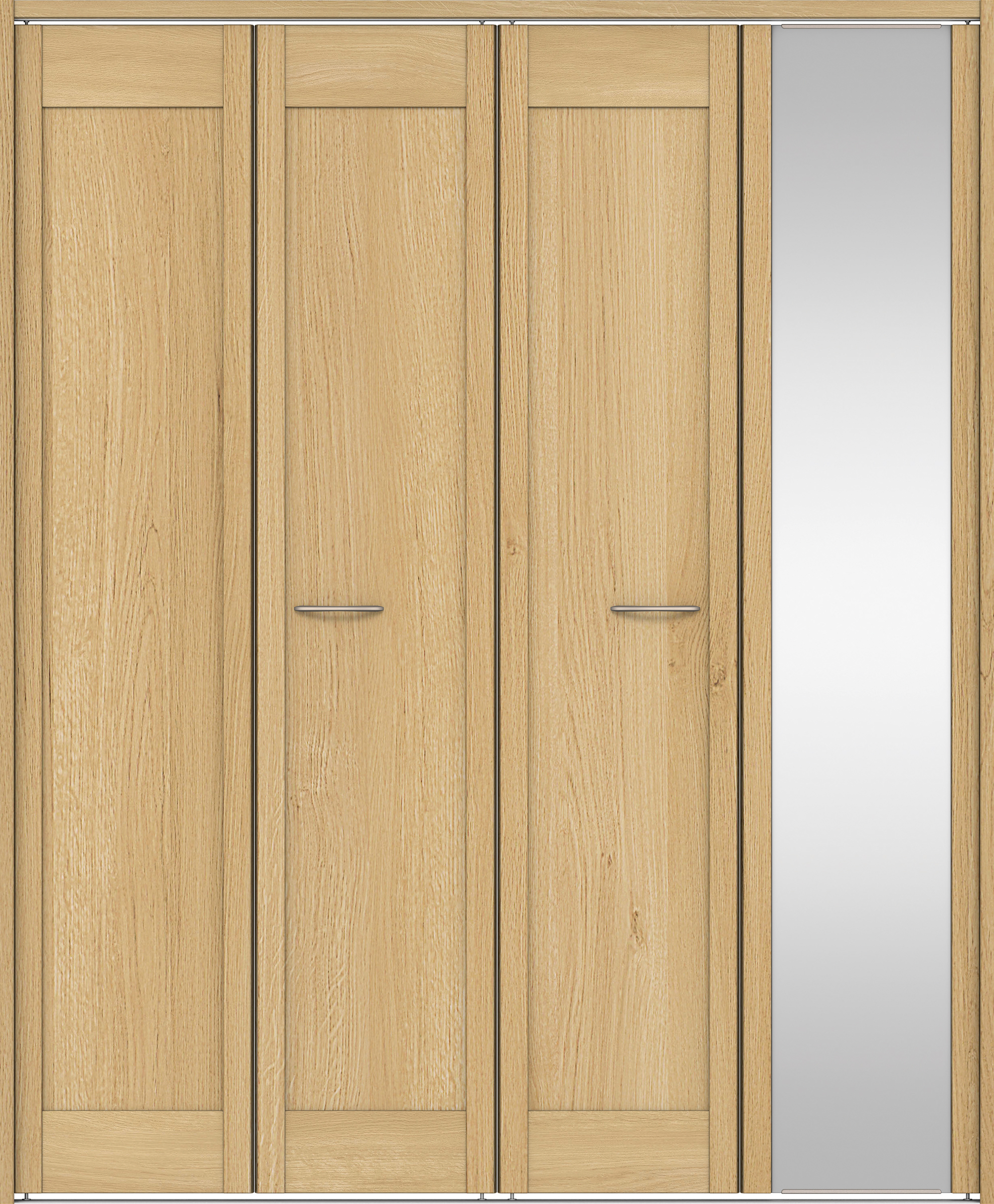 クローク収納　イエリア　折戸ユニット　カマチタイプ　ミラー扉　下レール付三方枠（固定枠）　セット　１６８０幅（６尺間口）　２０３５高　〈ライトオーカー柄〉　ハンドルラウンド型〈Ｔシルバー色〉