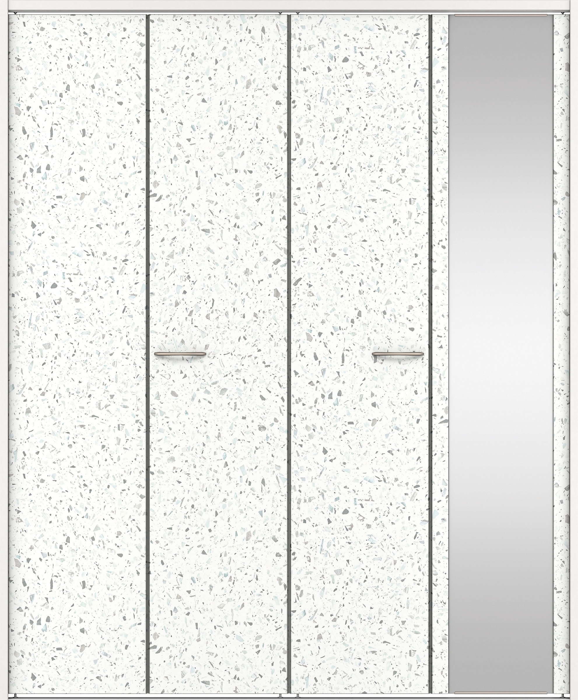 クローク収納　イエリア　折戸ユニット　フラットタイプ　ミラー扉　下レール付三方枠（固定枠）　セット　１６８０幅（６尺間口）　２０３５高　〈テラゾホワイト柄〉　ハンドルラウンド型〈サテンニッケル仕上げ〉