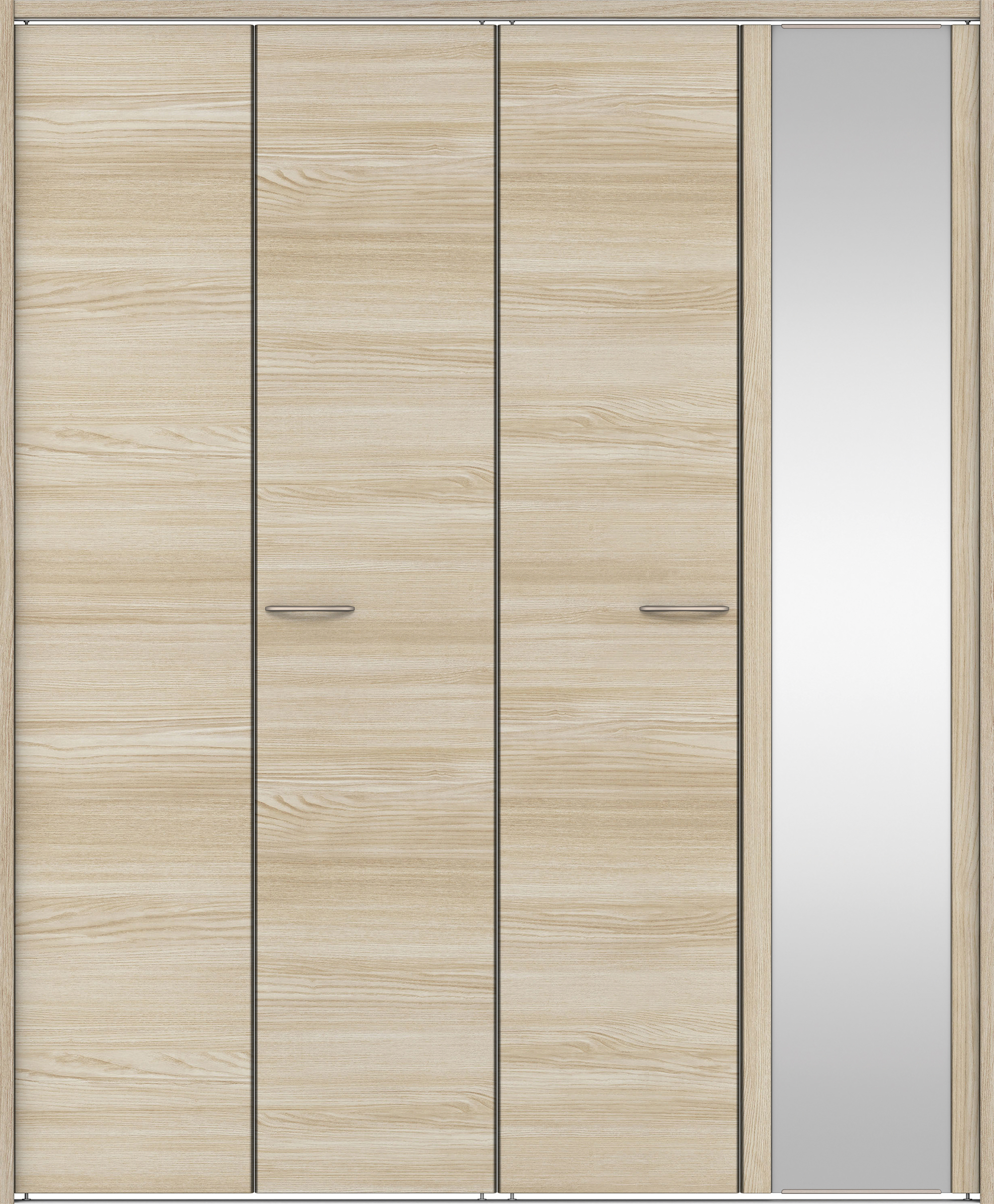 クローク収納　イエリア　折戸ユニット　フラット横木目タイプ　ミラー扉　下レール付三方枠（固定枠）　セット　１８２０幅（２Ｍ間口）　２０３５高　〈ソフトグレージュ柄〉　ハンドルラウンド型〈Ｔシルバー色〉