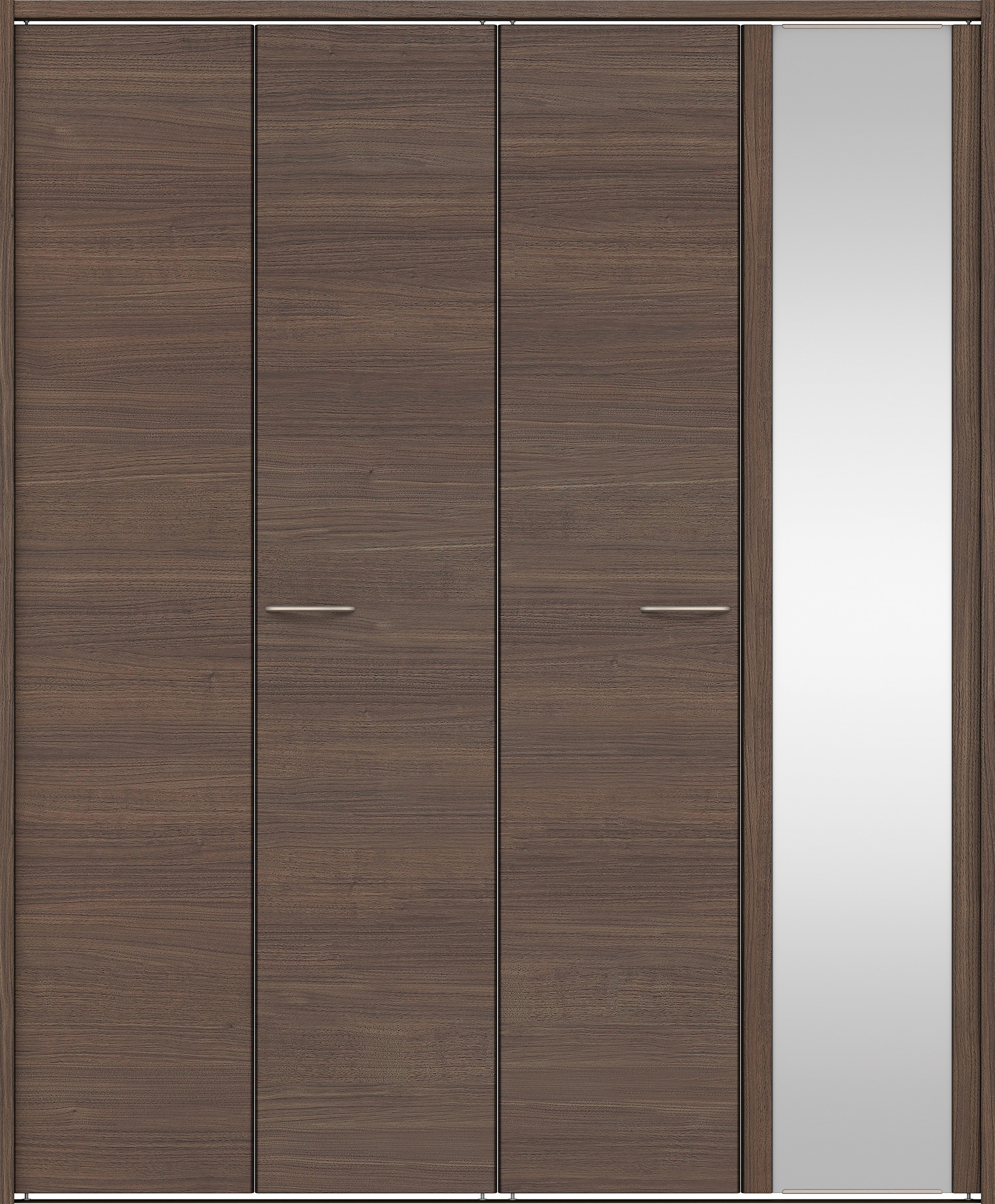 クローク収納　イエリア　折戸ユニット　フラット横木目タイプ　ミラー扉　下レール付三方枠（固定枠）　セット　１８２０幅（２Ｍ間口）　２０３５高　〈ダルブラウン柄〉　ハンドルラウンド型〈Ｔシルバー色〉