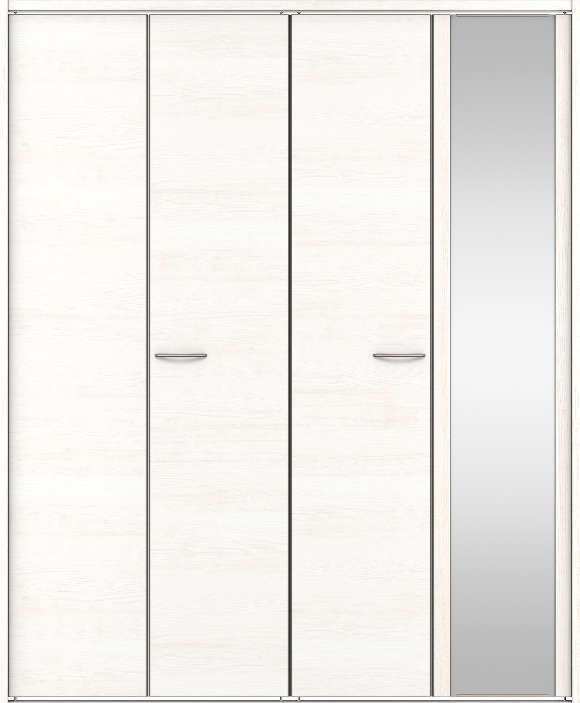 クローク収納　イエリア　折戸ユニット　フラット横木目タイプ　ミラー扉　下レール付三方枠（固定枠）　セット　１８２０幅（２Ｍ間口）　２０３５高　〈ネオホワイト柄〉　ハンドルラウンド型〈Ｔシルバー色〉