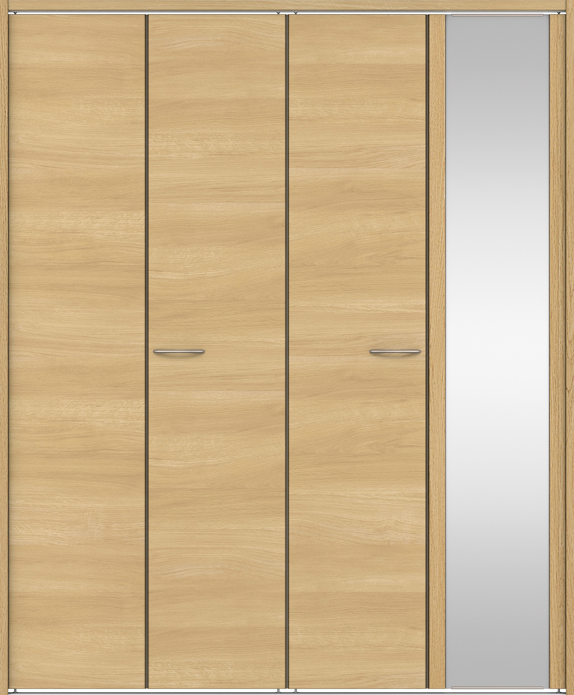 クローク収納　イエリア　折戸ユニット　フラット横木目タイプ　ミラー扉　下レール付三方枠（固定枠）　セット　１６８０幅（６尺間口）　２０３５高　〈ライトオーカー柄〉　ハンドルラウンド型〈Ｔシルバー色〉