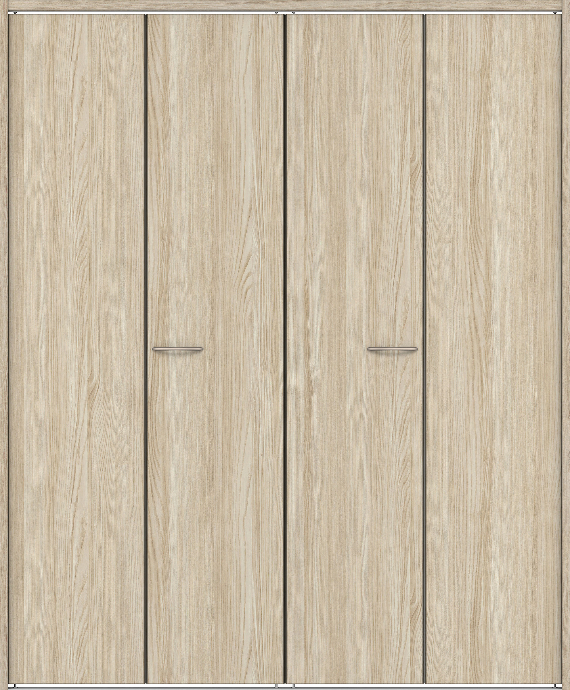 クローク収納　イエリア　折戸ユニット　フラット縦木目タイプ　ウッド扉　下レール付三方枠（固定枠）　セット　１６８０幅（６尺間口）　２０３５高　〈ソフトグレージュ柄〉　ハンドルラウンド型〈Ｔシルバー色〉