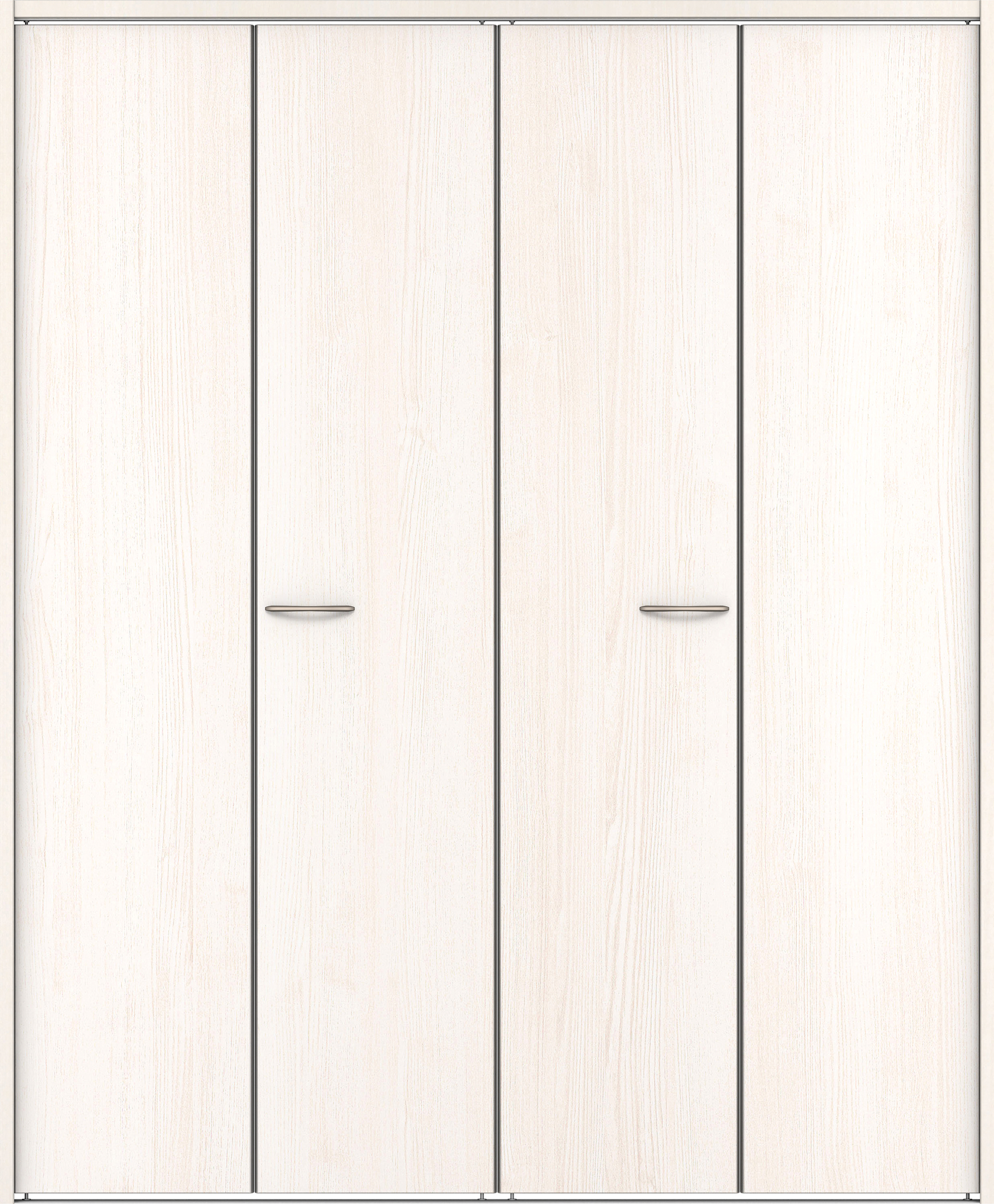 クローク収納　イエリア　折戸ユニット　フラット縦木目タイプ　ウッド扉　下レール付三方枠（固定枠）　セット　１６８０幅（６尺間口）　２０３５高　〈ネオホワイト柄〉　ハンドルラウンド型〈Ｔシルバー色〉