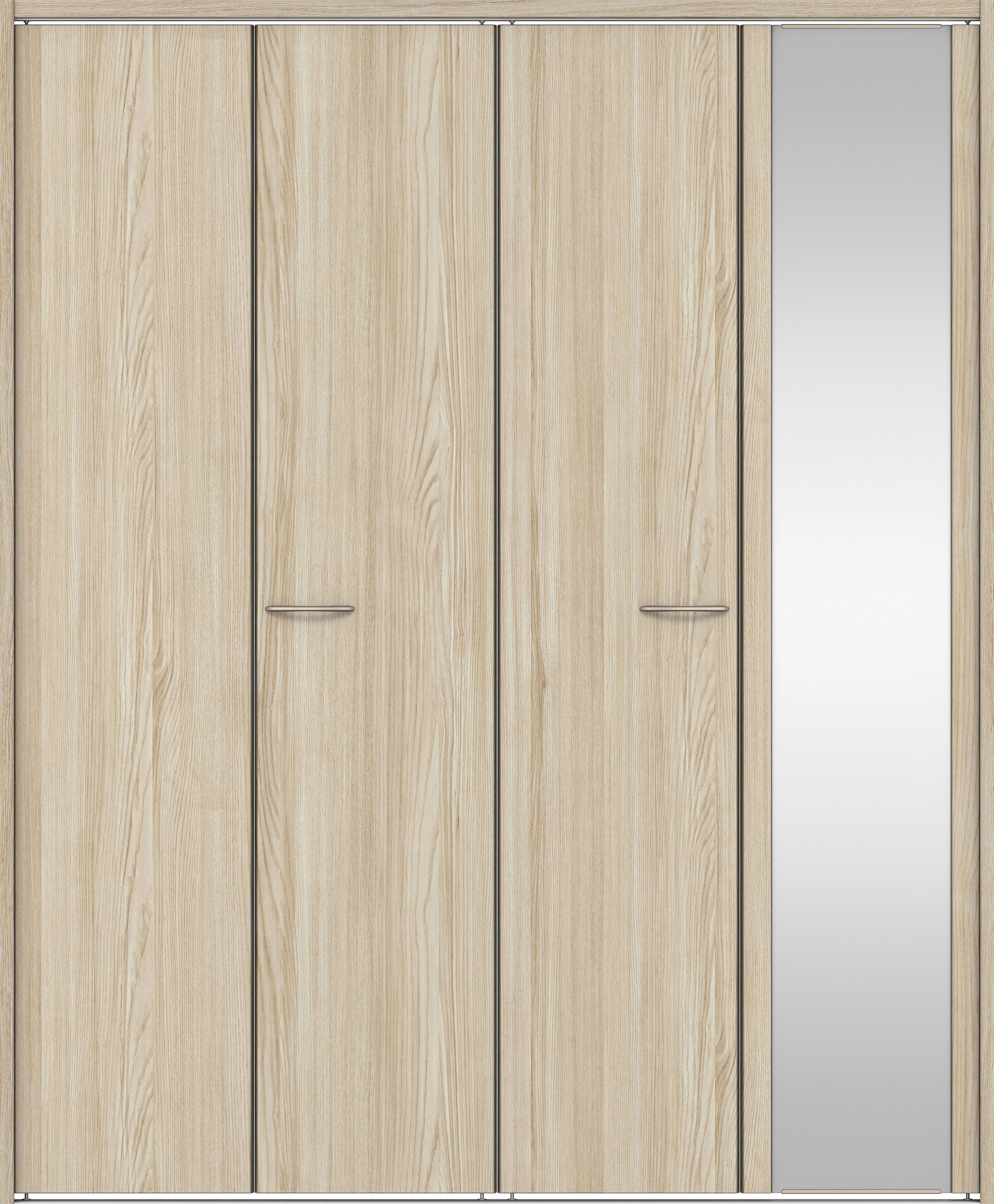 クローク収納　イエリア　折戸ユニット　フラット縦木目タイプ　ミラー扉　下レール付三方枠（固定枠）　セット　１８２０幅（２Ｍ間口）　２０３５高　〈ソフトグレージュ柄〉　ハンドルラウンド型〈Ｔシルバー色〉