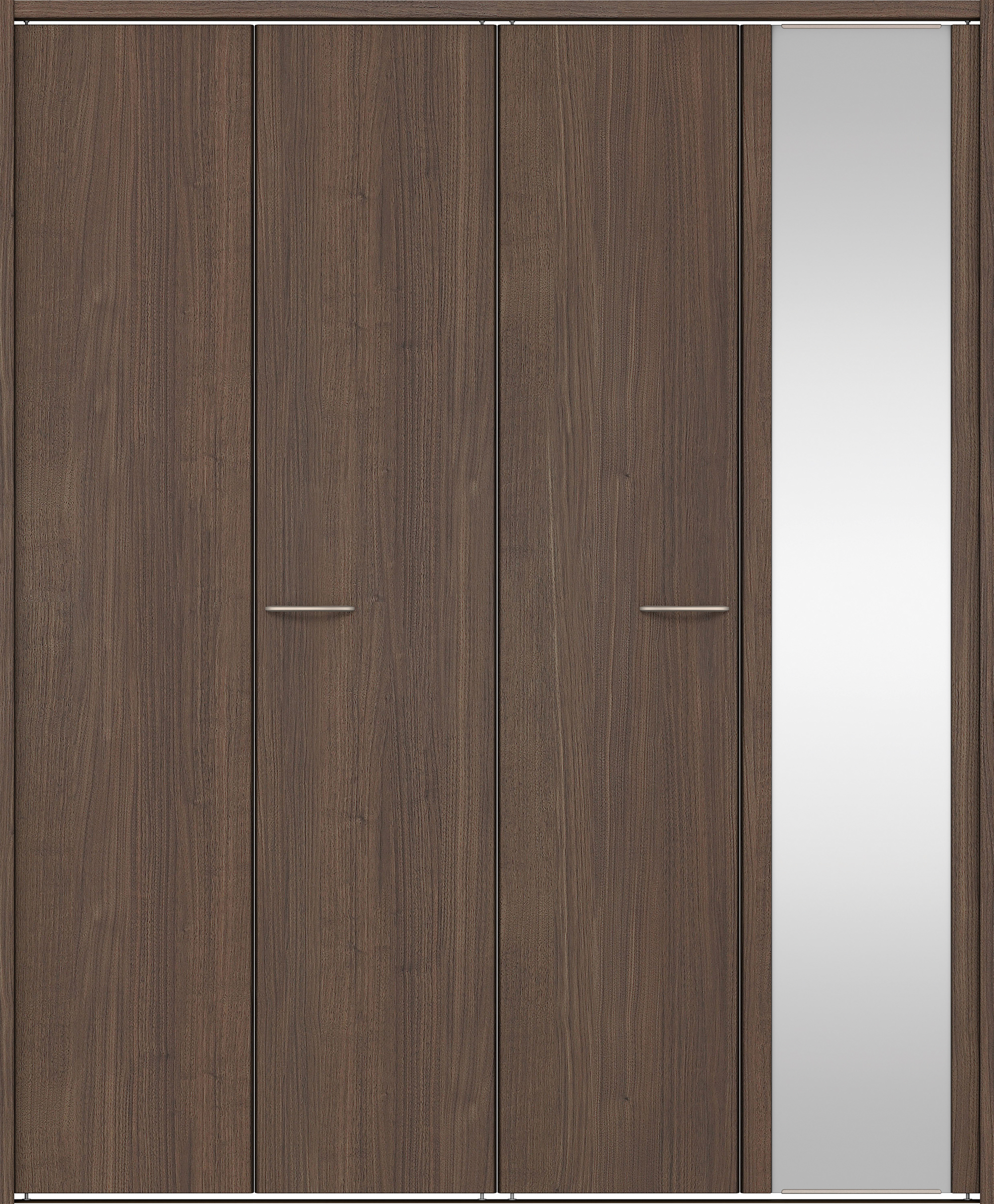 クローク収納　イエリア　折戸ユニット　フラット縦木目タイプ　ミラー扉　下レール付三方枠（固定枠）　セット　１８２０幅（２Ｍ間口）　２０３５高　〈ダルブラウン柄〉　ハンドルラウンド型〈Ｔシルバー色〉