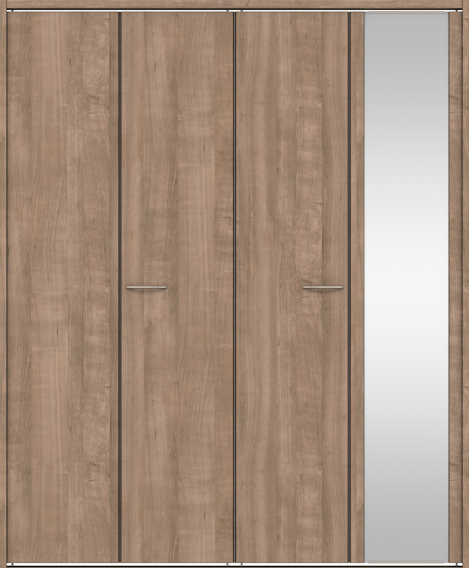 クローク収納　イエリア　折戸ユニット　フラット縦木目タイプ　ミラー扉　下レール付三方枠（固定枠）　セット　１６４４幅（６尺小間口）　２０３５高　〈トープグレー柄〉　ハンドルラウンド型〈Ｔシルバー色〉