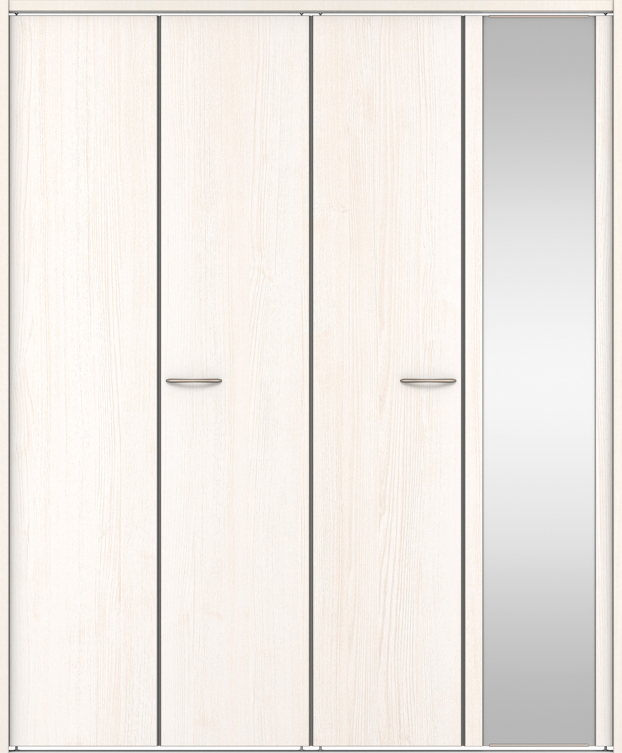 クローク収納　イエリア　折戸ユニット　フラット縦木目タイプ　ミラー扉　下レール付三方枠（固定枠）　セット　１８２０幅（２Ｍ間口）　２０３５高　〈ネオホワイト柄〉　ハンドルラウンド型〈Ｔシルバー色〉