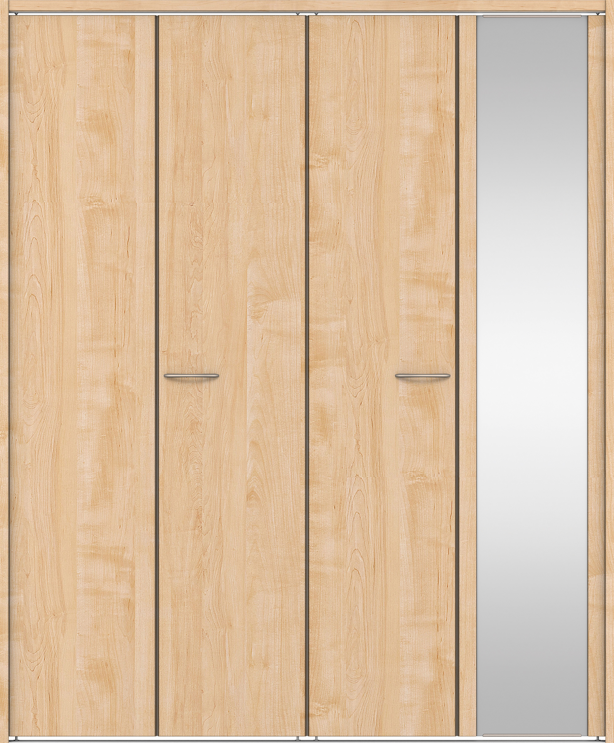 クローク収納　イエリア　折戸ユニット　フラット縦木目タイプ　ミラー扉　下レール付三方枠（固定枠）　セット　１８２０幅（２Ｍ間口）　２０３５高　〈ミルベージュ柄〉　ハンドルラウンド型〈Ｔシルバー色〉