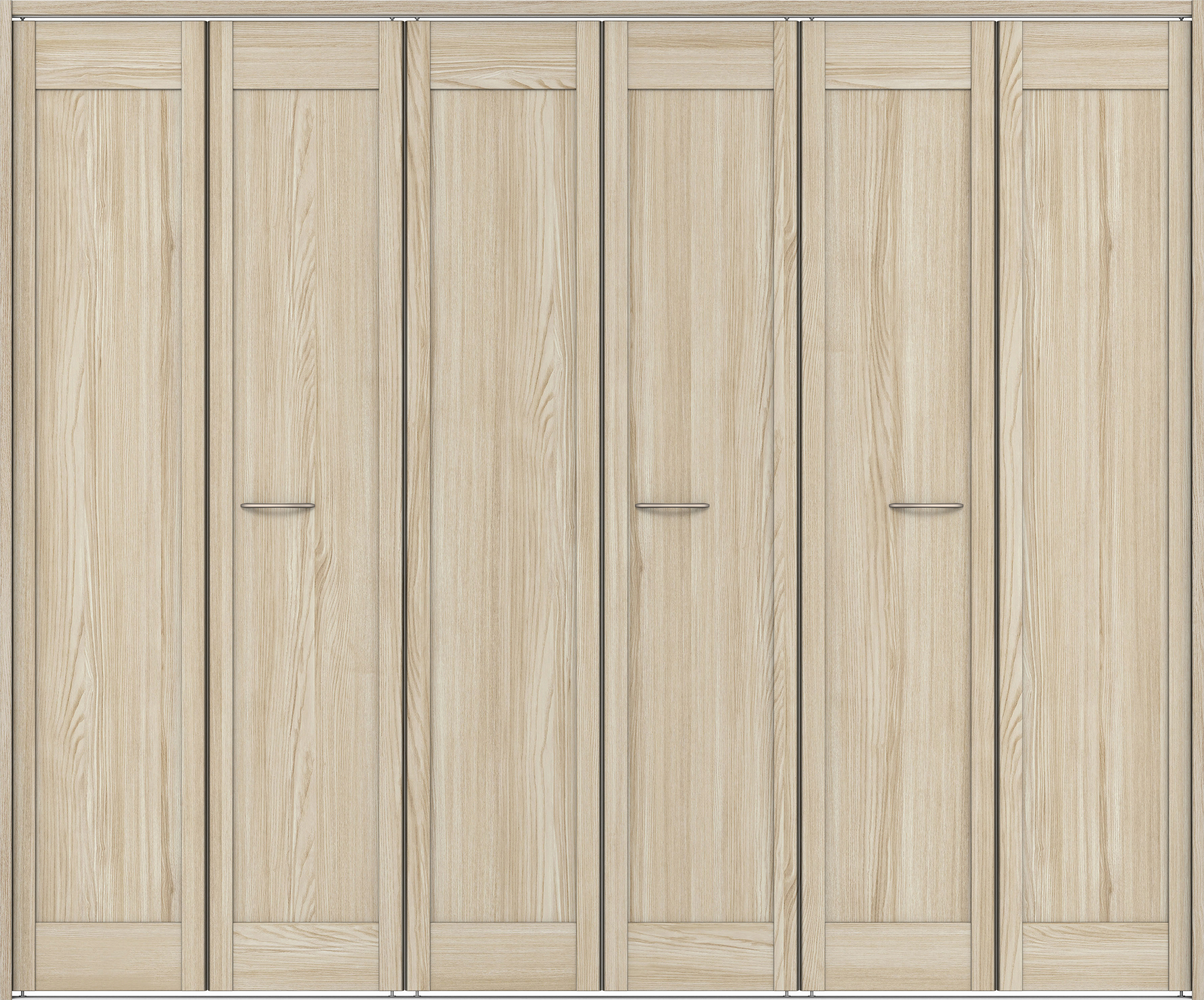 クローク収納　イエリア　折戸ユニット　カマチタイプ　ウッド扉　下レール付三方枠（固定枠）　セット　２４５０幅（９尺間口）　２０３５高　〈ソフトグレージュ柄〉　ハンドルラウンド型〈Ｔシルバー色〉