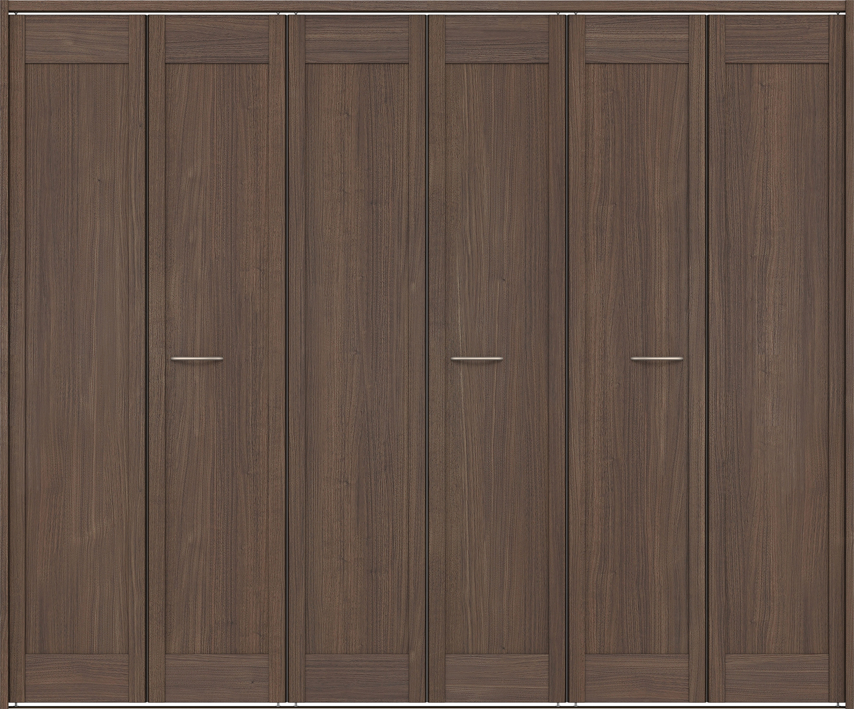 クローク収納　イエリア　折戸ユニット　カマチタイプ　ウッド扉　下レール付三方枠（固定枠）　セット　２４５０幅（９尺間口）　２０３５高　〈ダルブラウン柄〉　ハンドルラウンド型〈Ｔシルバー色〉