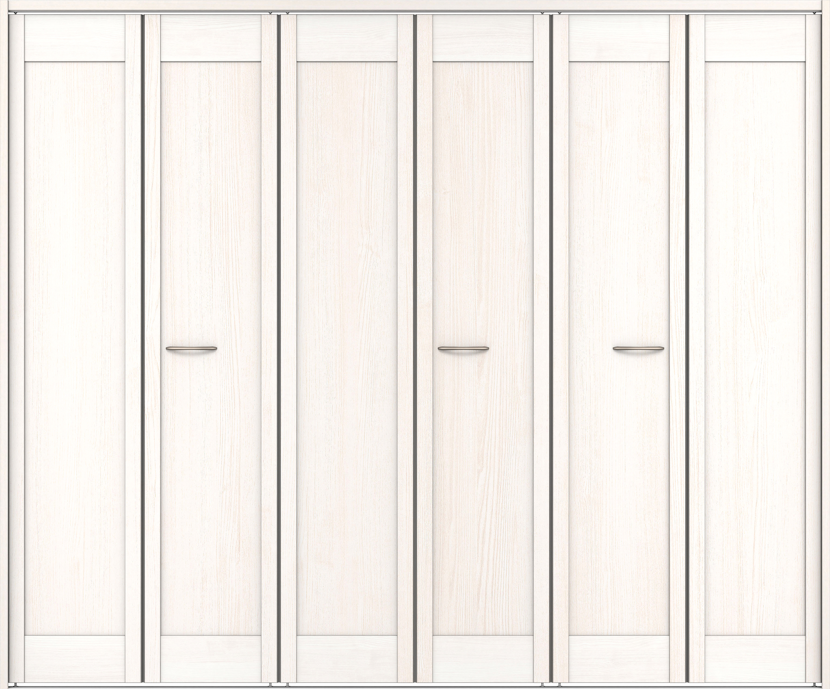 クローク収納　イエリア　折戸ユニット　カマチタイプ　ウッド扉　下レール付三方枠（固定枠）　セット　２４５０幅（９尺間口）　２０３５高　〈ネオホワイト柄〉　ハンドルラウンド型〈Ｔシルバー色〉