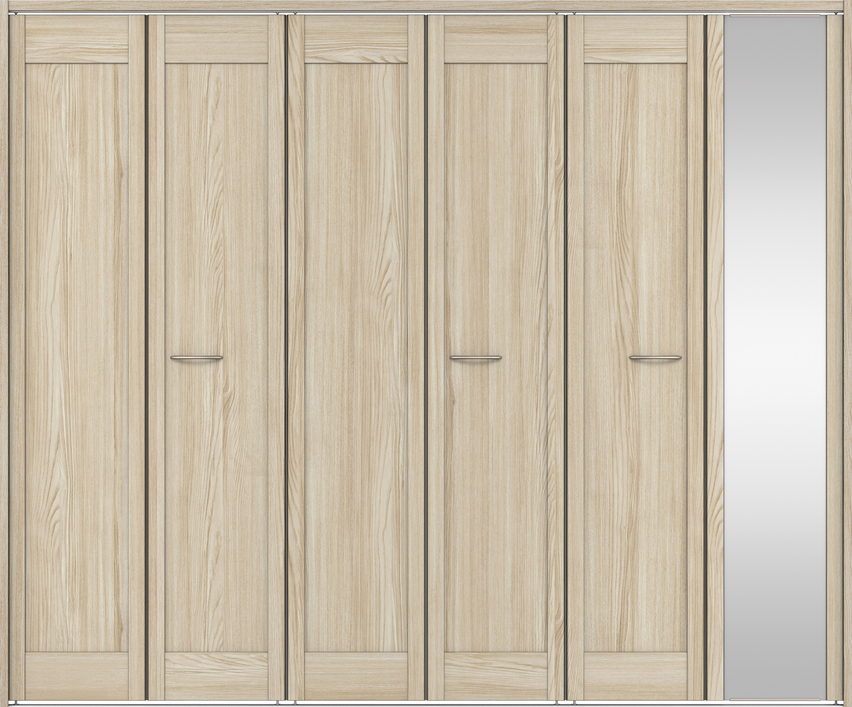 クローク収納　イエリア　折戸ユニット　カマチタイプ　ミラー扉　下レール付三方枠（固定枠）　セット　２４５０幅（９尺間口）　２０３５高　〈ソフトグレージュ柄〉　ハンドルラウンド型〈Ｔシルバー色〉