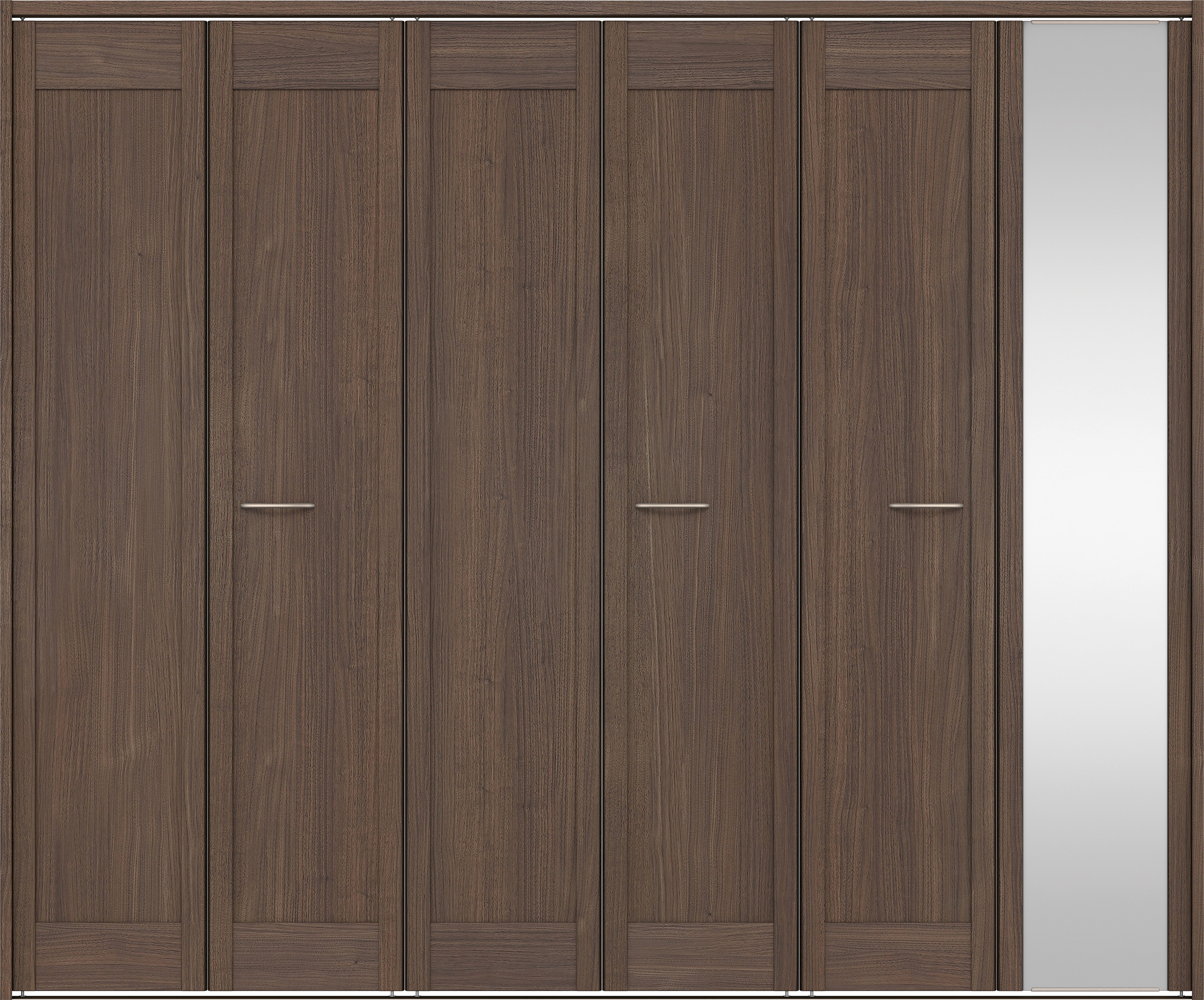 クローク収納　イエリア　折戸ユニット　カマチタイプ　ミラー扉　下レール付三方枠（固定枠）　セット　２４５０幅（９尺間口）　２０３５高　〈ダルブラウン柄〉　ハンドルラウンド型〈Ｔシルバー色〉