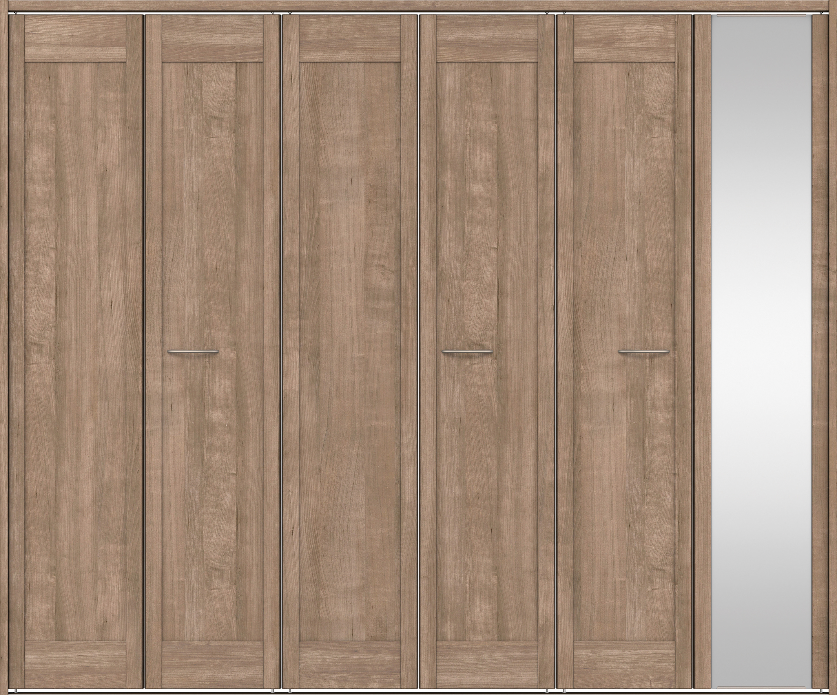 クローク収納　イエリア　折戸ユニット　カマチタイプ　ミラー扉　下レール付三方枠（固定枠）　セット　２４５０幅（９尺間口）　２０３５高　〈トープグレー柄〉　ハンドルラウンド型〈Ｔシルバー色〉