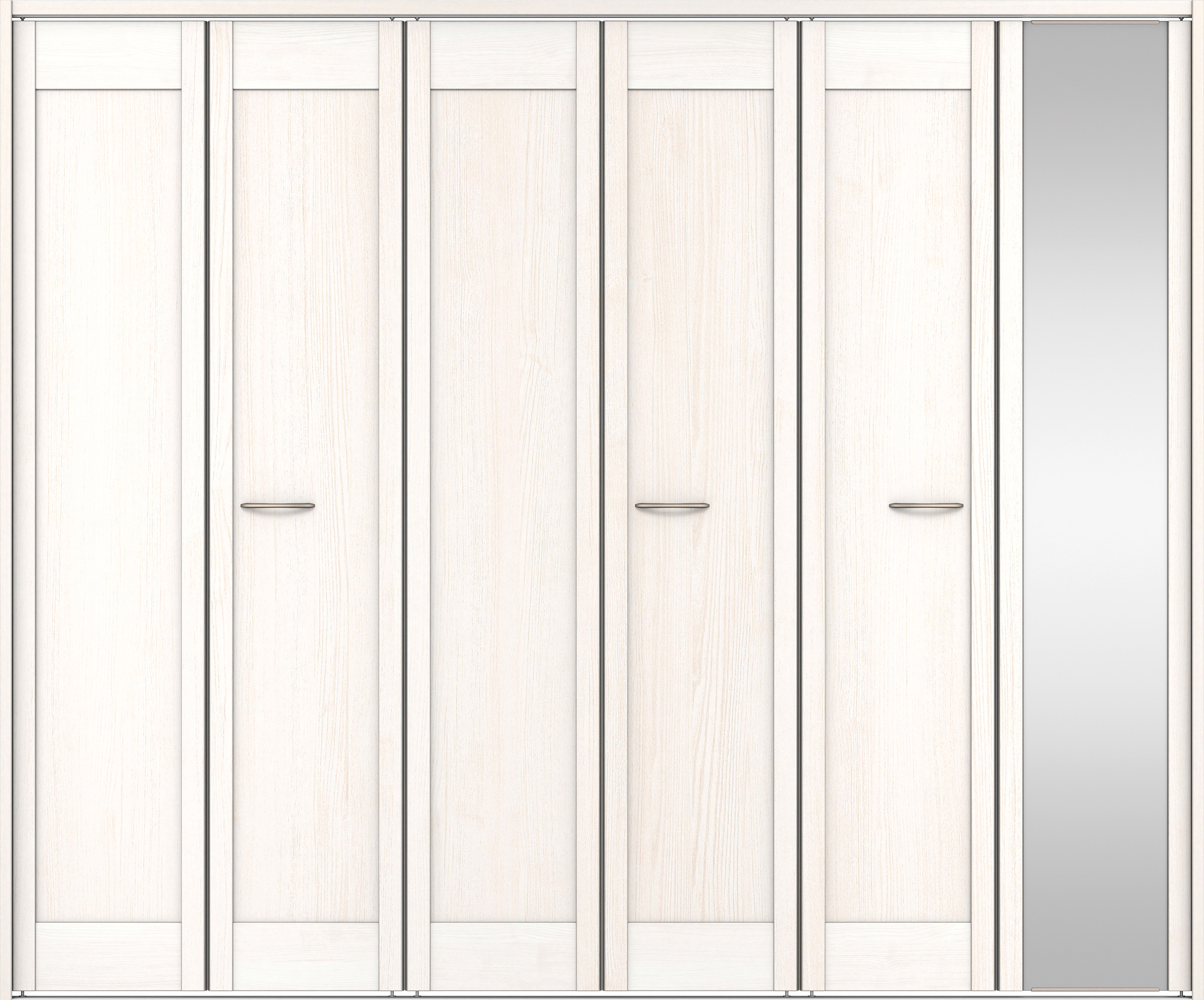 クローク収納　イエリア　折戸ユニット　カマチタイプ　ミラー扉　下レール付三方枠（固定枠）　セット　２４５０幅（９尺間口）　２０３５高　〈ネオホワイト柄〉　ハンドルラウンド型〈Ｔシルバー色〉