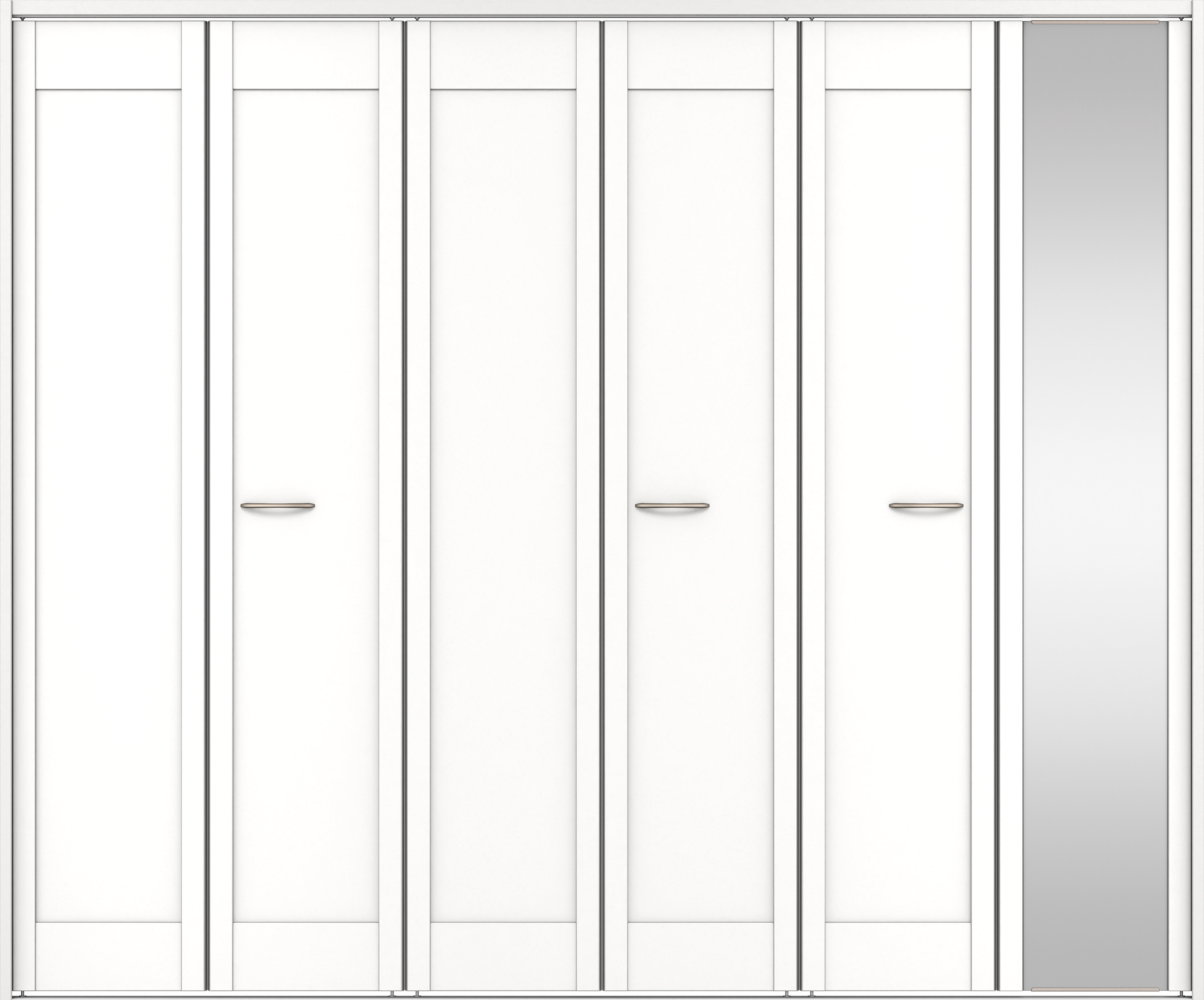 クローク収納　イエリア　折戸ユニット　カマチタイプ　ミラー扉　下レール付三方枠（固定枠）　セット　２４５０幅（９尺間口）　２０３５高　〈パウダーホワイト柄〉　ハンドルラウンド型〈Ｔシルバー色〉