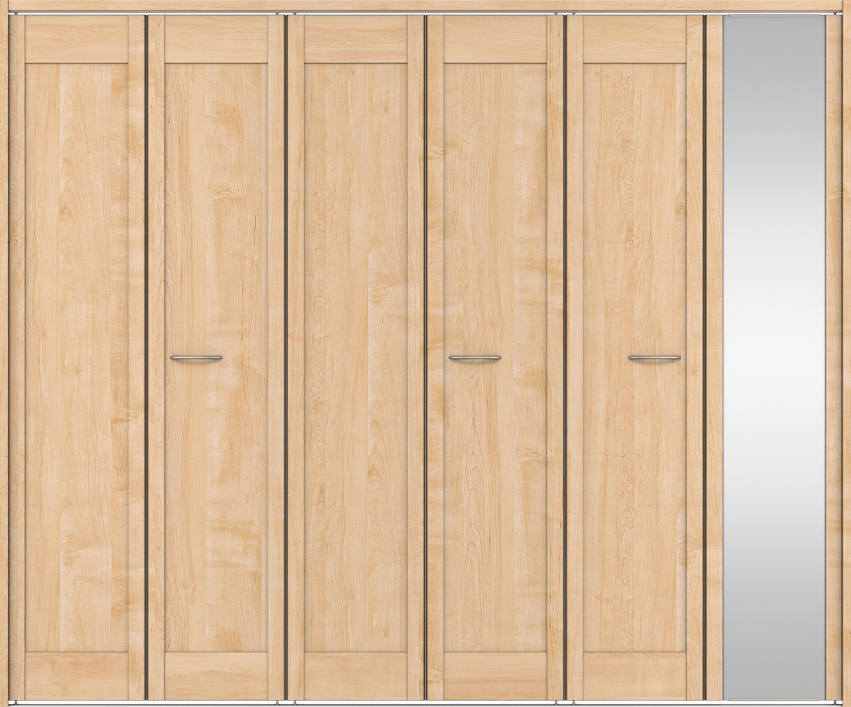 クローク収納　イエリア　折戸ユニット　カマチタイプ　ミラー扉　下レール付三方枠（固定枠）　セット　２４５０幅（９尺間口）　２０３５高　〈ミルベージュ柄〉　ハンドルラウンド型〈Ｔシルバー色〉