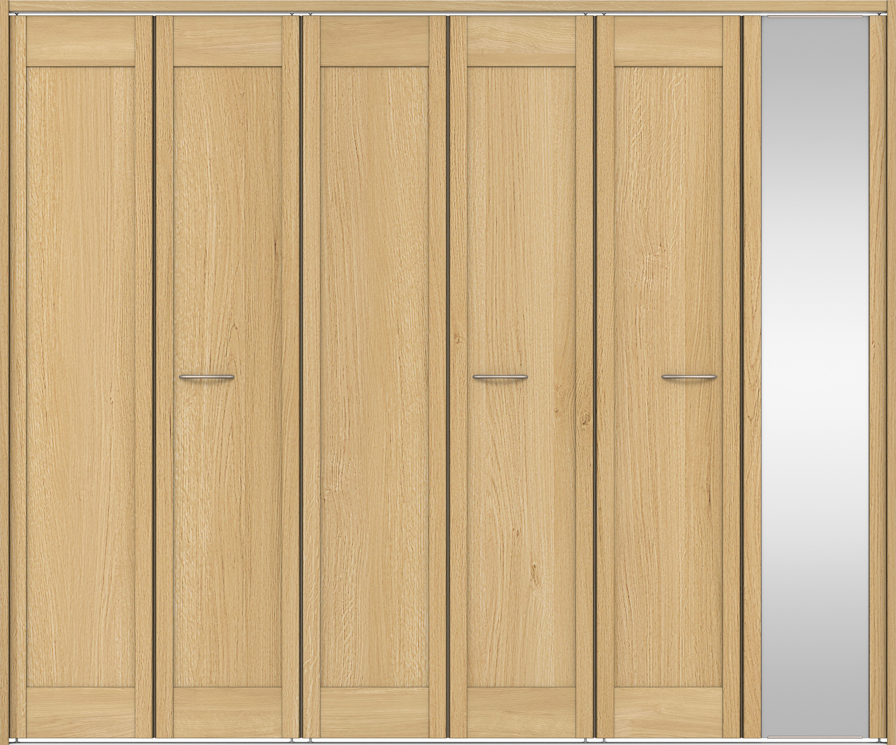 クローク収納　イエリア　折戸ユニット　カマチタイプ　ミラー扉　下レール付三方枠（固定枠）　セット　２４５０幅（９尺間口）　２０３５高　〈ライトオーカー柄〉　ハンドルラウンド型〈Ｔシルバー色〉