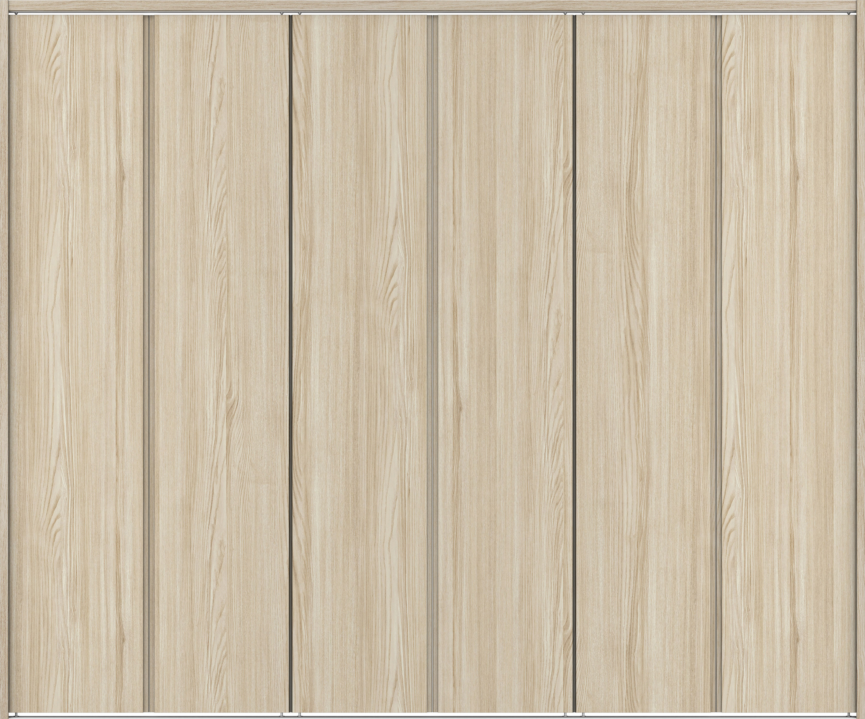 クローク収納　イエリア　折戸ユニット　ハンドルレス縦木目タイプ　ウッド扉　下レール付三方枠（固定枠）　セット　２４５０幅（９尺間口）　２０３５高　〈ソフトグレージュ柄〉　ハンドルレス