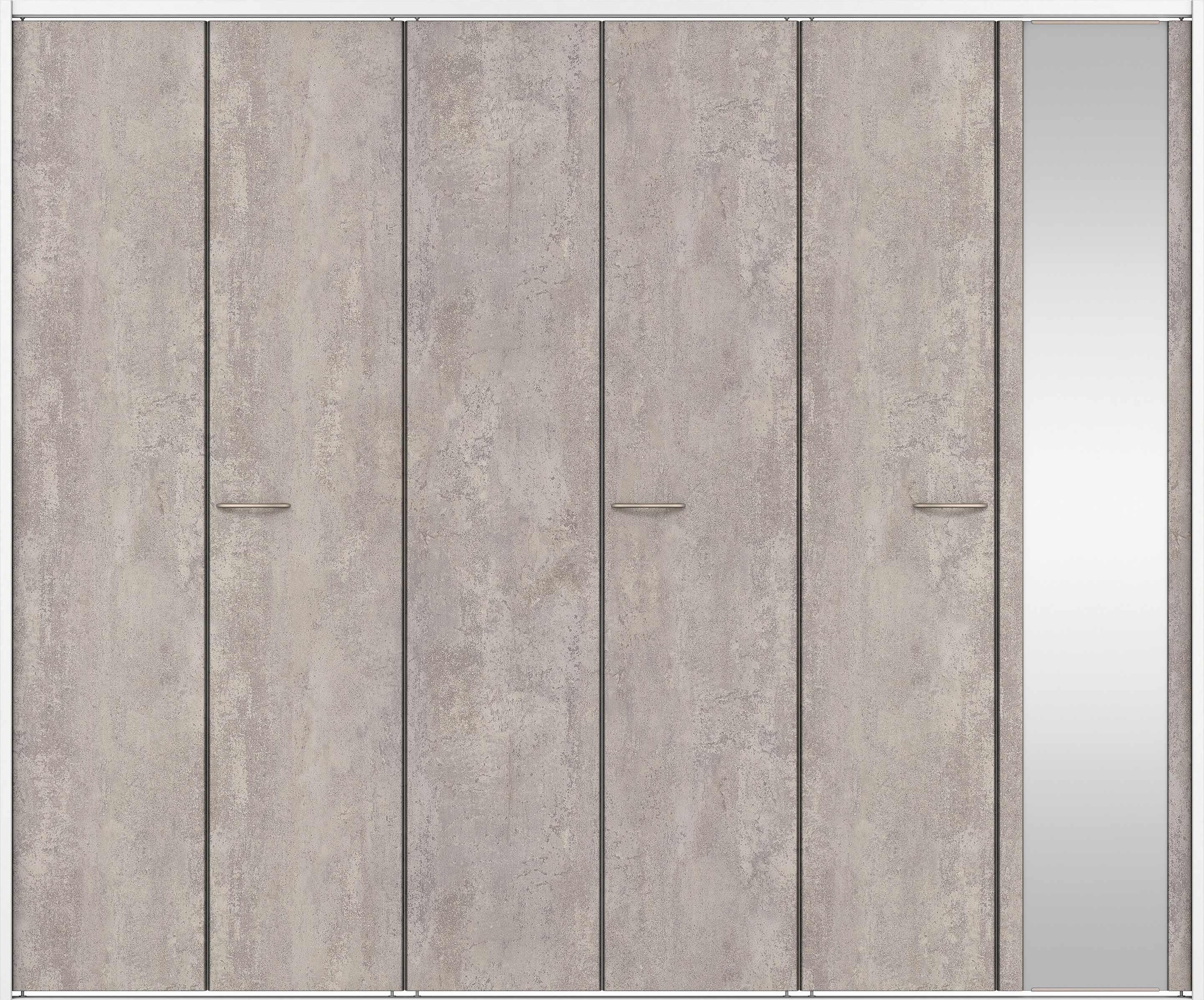 クローク収納　イエリア　折戸ユニット　フラットタイプ　ミラー扉　下レール付三方枠（固定枠）　セット　２４５０幅（９尺間口）　２０３５高　〈コンクリートグレー柄〉　ハンドルラウンド型〈Ｔシルバー色〉