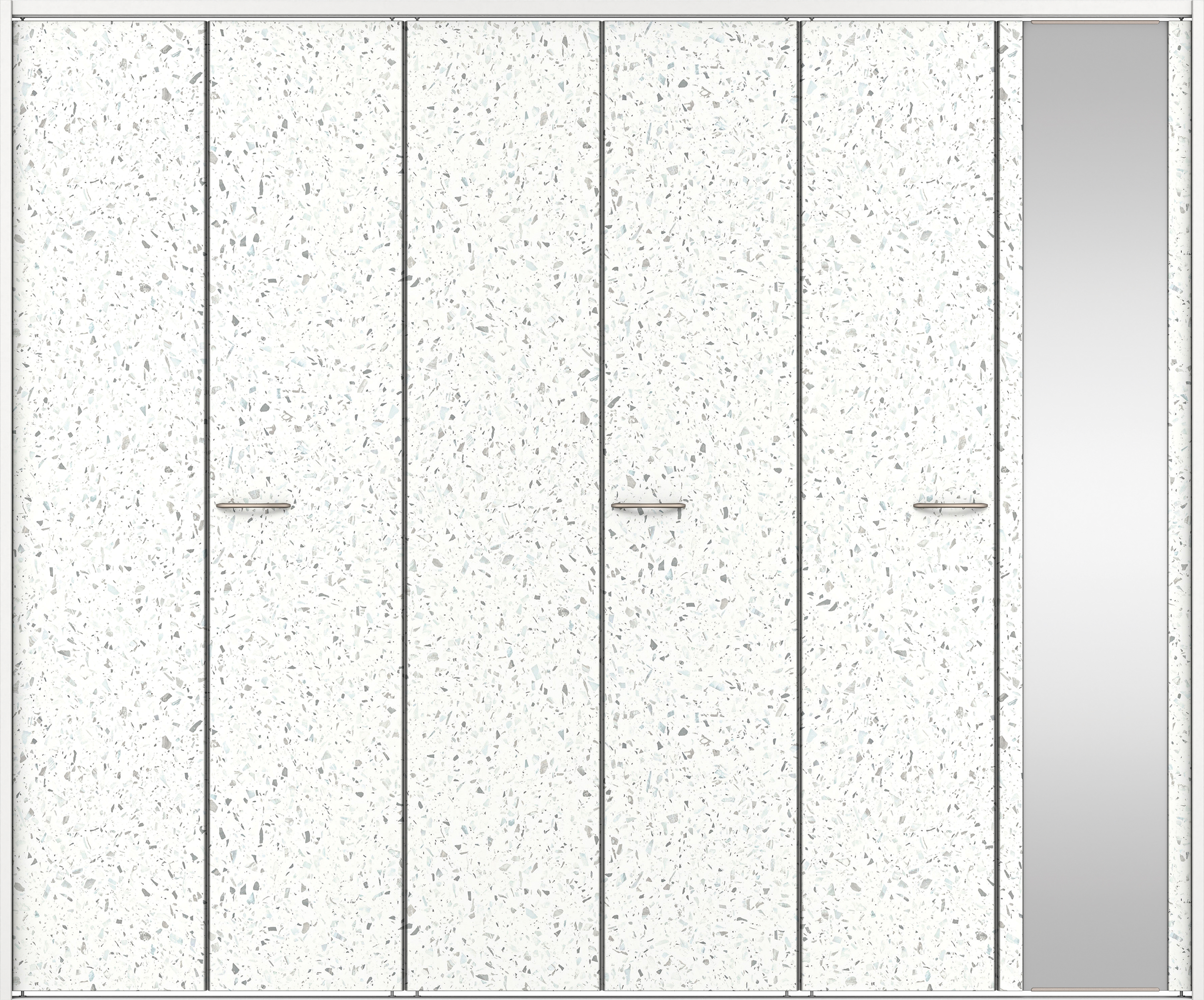 クローク収納　イエリア　折戸ユニット　フラットタイプ　ミラー扉　下レール付三方枠（固定枠）　セット　２４５０幅（９尺間口）　２０３５高　〈テラゾホワイト柄〉　ハンドルラウンド型〈鏡面クローム仕上げ〉