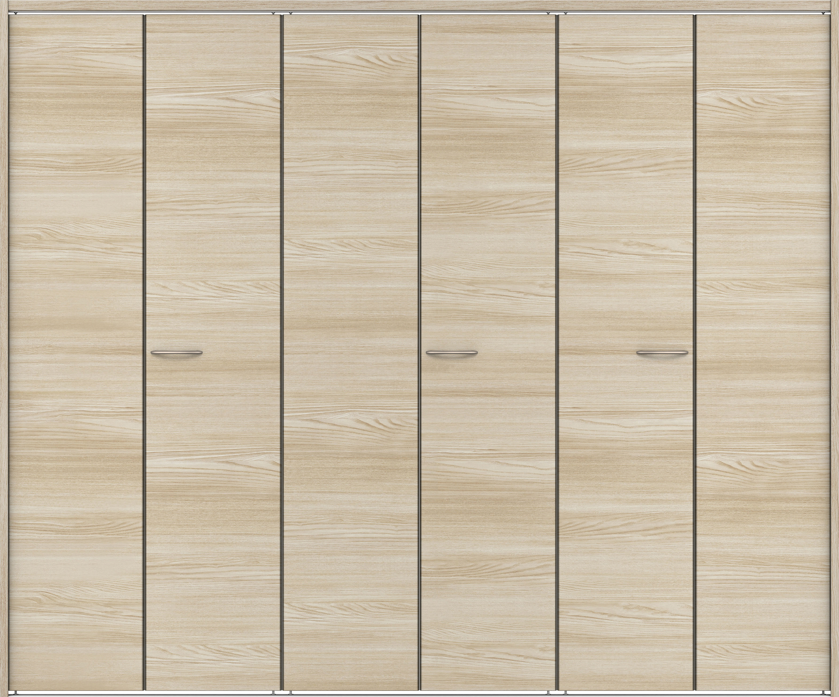 クローク収納　イエリア　折戸ユニット　フラット横木目タイプ　ウッド扉　下レール付三方枠（固定枠）　セット　２４５０幅（９尺間口）　２０３５高　〈ソフトグレージュ柄〉　ハンドルラウンド型〈Ｔシルバー色〉