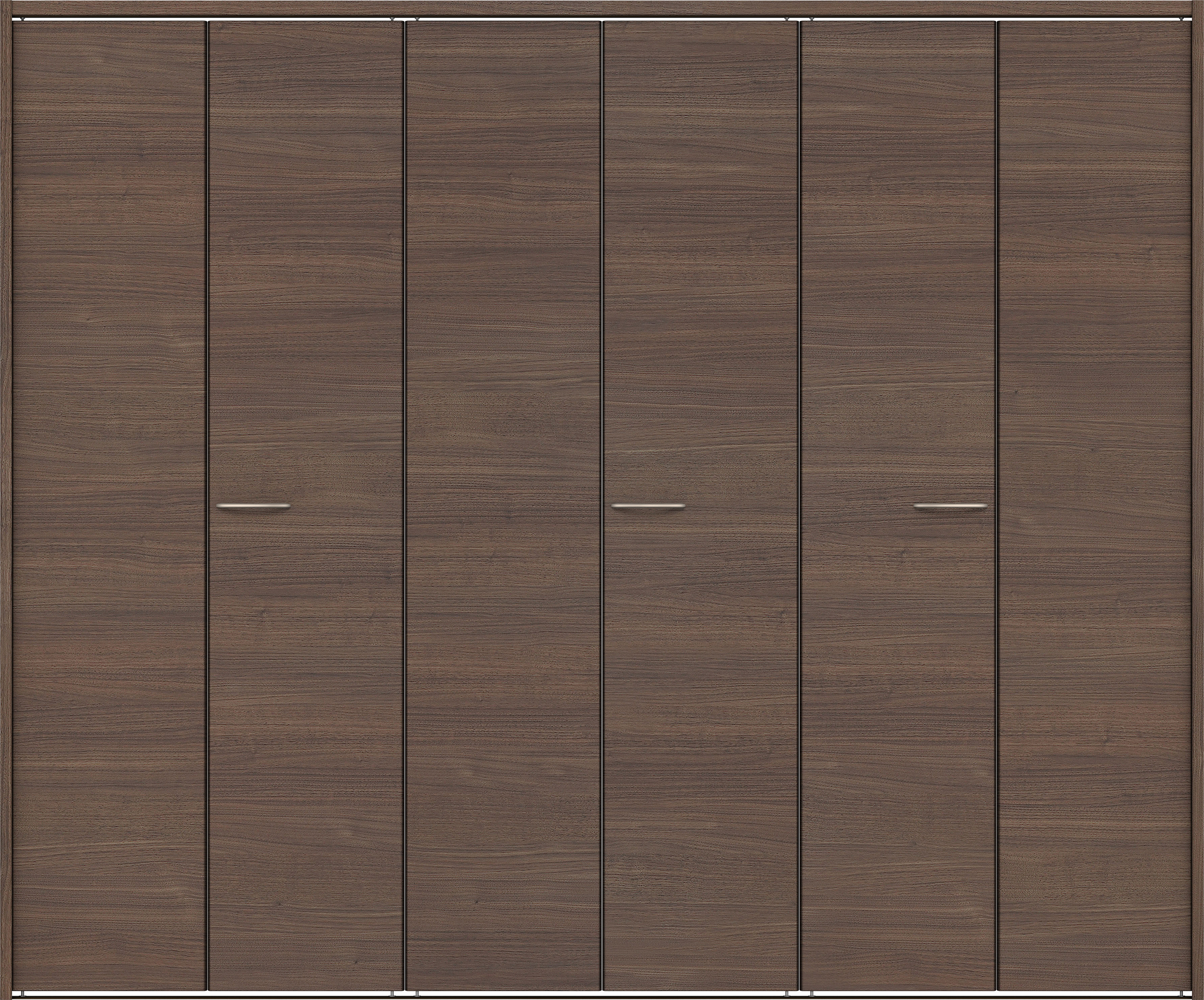 クローク収納　イエリア　折戸ユニット　フラット横木目タイプ　ウッド扉　下レール付三方枠（固定枠）　セット　２４５０幅（９尺間口）　２０３５高　〈ダルブラウン柄〉　ハンドルラウンド型〈Ｔシルバー色〉