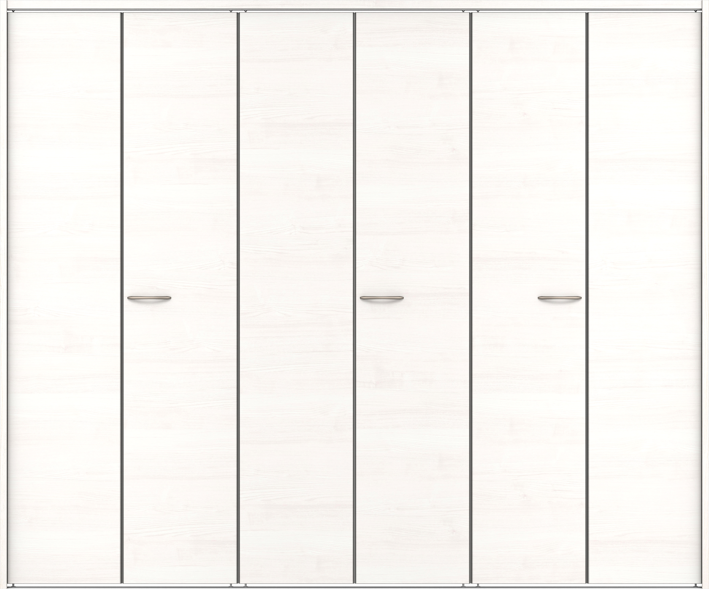 クローク収納　イエリア　折戸ユニット　フラット横木目タイプ　ウッド扉　下レール付三方枠（固定枠）　セット　２４５０幅（９尺間口）　２０３５高　〈ネオホワイト柄〉　ハンドルラウンド型〈Ｔシルバー色〉