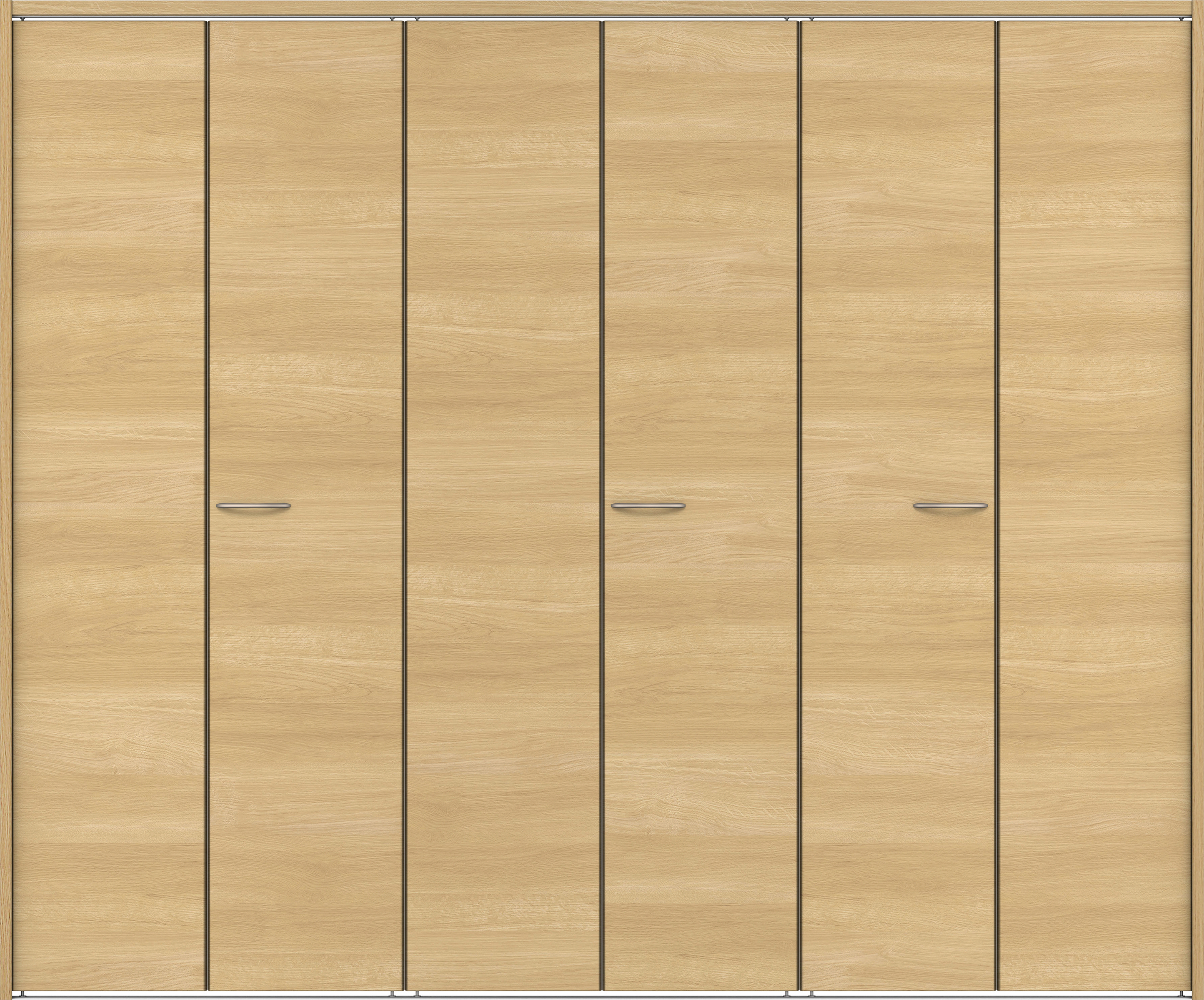 クローク収納　イエリア　折戸ユニット　フラット横木目タイプ　ウッド扉　下レール付三方枠（固定枠）　セット　２４５０幅（９尺間口）　２０３５高　〈ライトオーカー柄〉　ハンドルラウンド型〈Ｔシルバー色〉