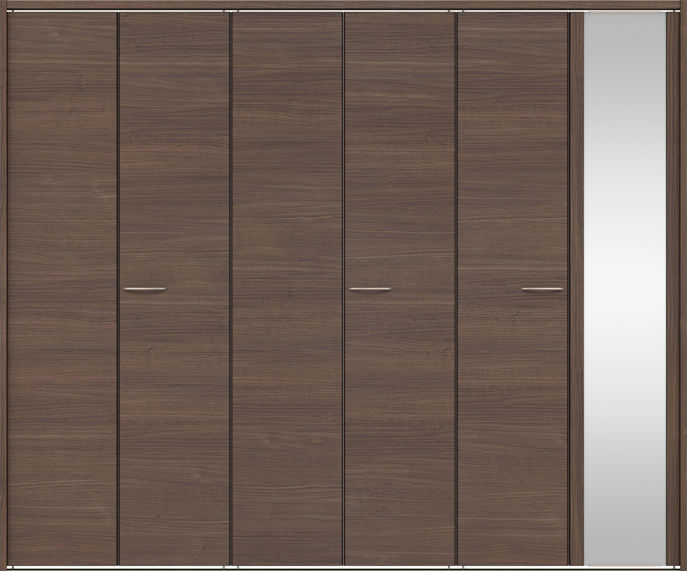 クローク収納　イエリア　折戸ユニット　フラット横木目タイプ　ミラー扉　下レール付三方枠（固定枠）　セット　２４５０幅（９尺間口）　２０３５高　〈ダルブラウン柄〉　ハンドルラウンド型〈Ｔシルバー色〉