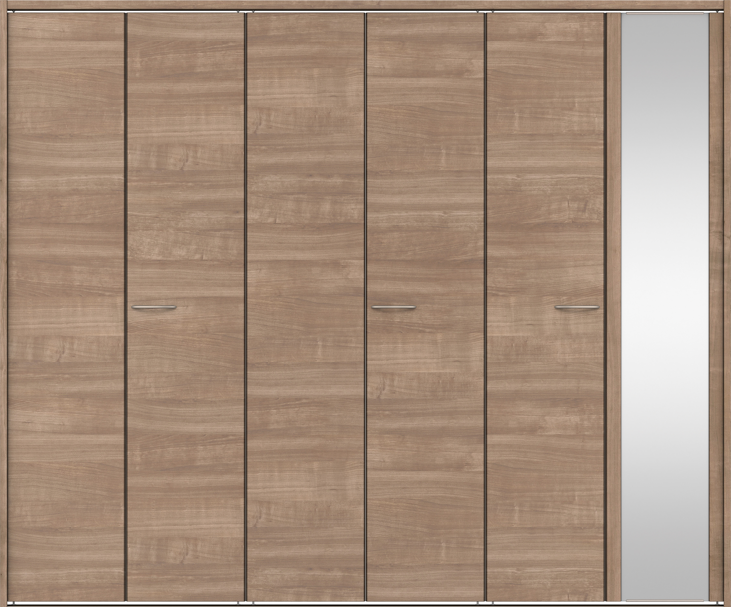 クローク収納　イエリア　折戸ユニット　フラット横木目タイプ　ミラー扉　下レール付三方枠（固定枠）　セット　２４５０幅（９尺間口）　２０３５高　〈トープグレー柄〉　ハンドルラウンド型〈Ｔシルバー色〉