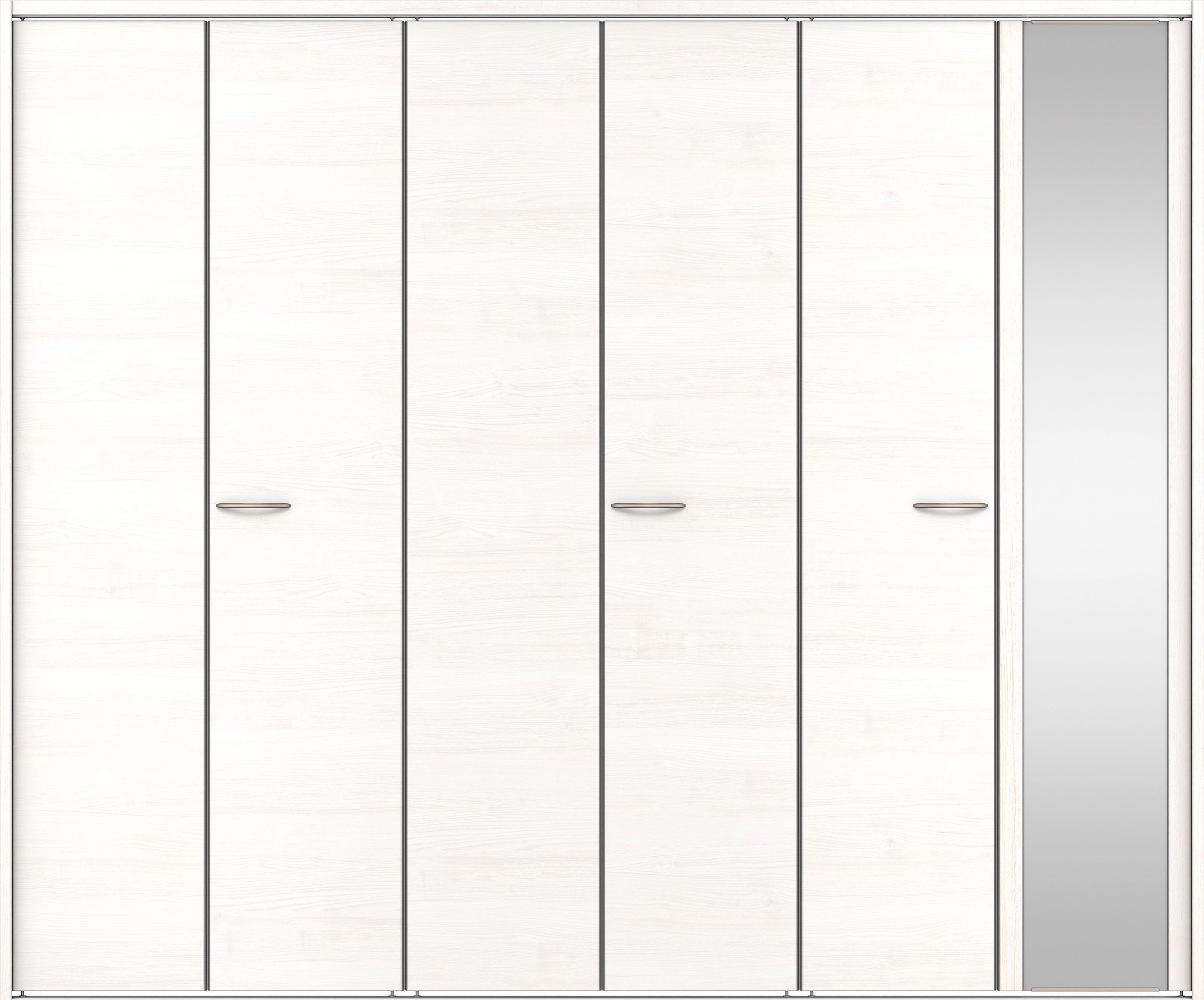 クローク収納　イエリア　折戸ユニット　フラット横木目タイプ　ミラー扉　下レール付三方枠（固定枠）　セット　２４５０幅（９尺間口）　２０３５高　〈ネオホワイト柄〉　ハンドルラウンド型〈Ｔシルバー色〉