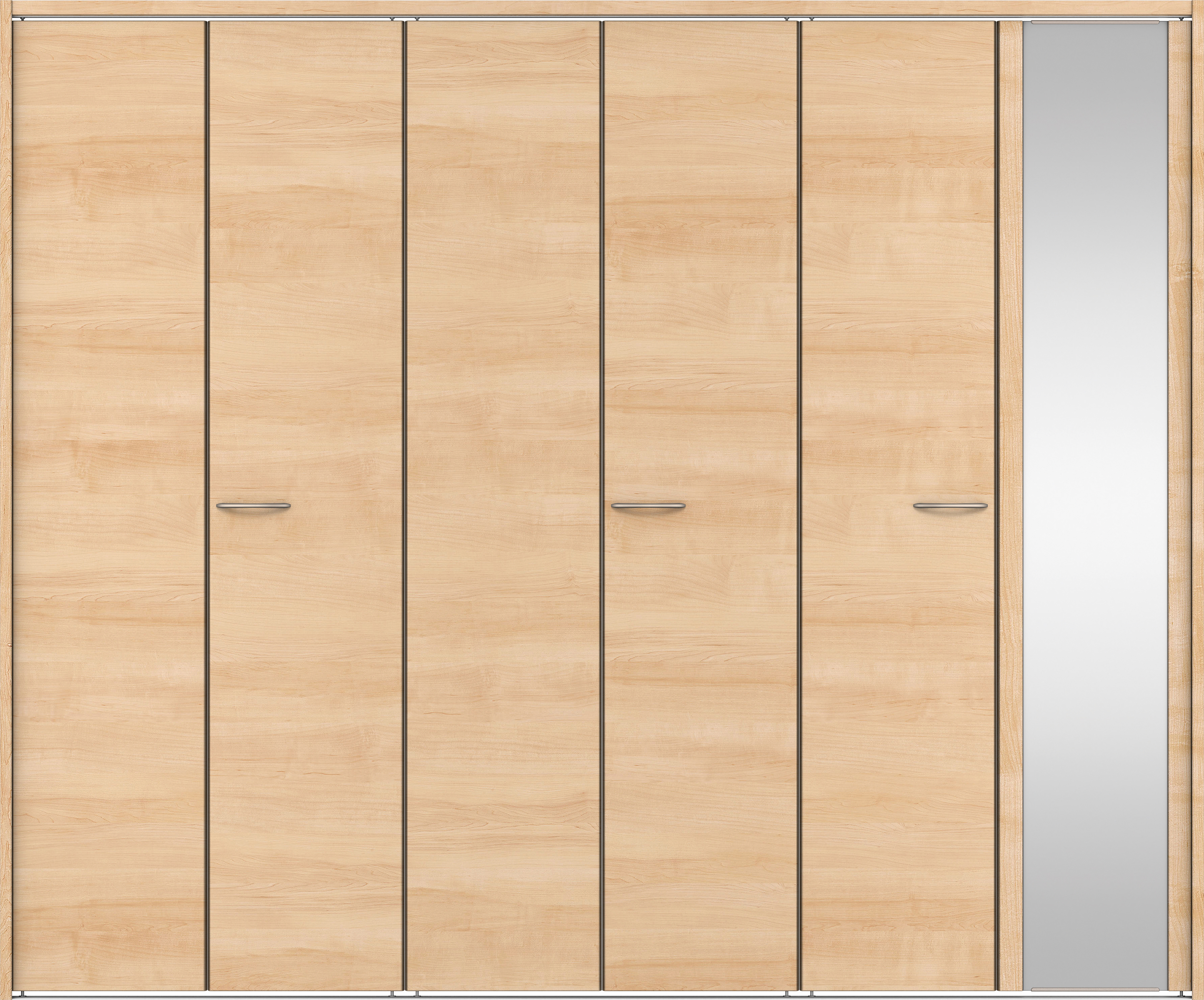 クローク収納　イエリア　折戸ユニット　フラット横木目タイプ　ミラー扉　下レール付三方枠（固定枠）　セット　２４５０幅（９尺間口）　２０３５高　〈ミルベージュ柄〉　ハンドルラウンド型〈Ｔシルバー色〉