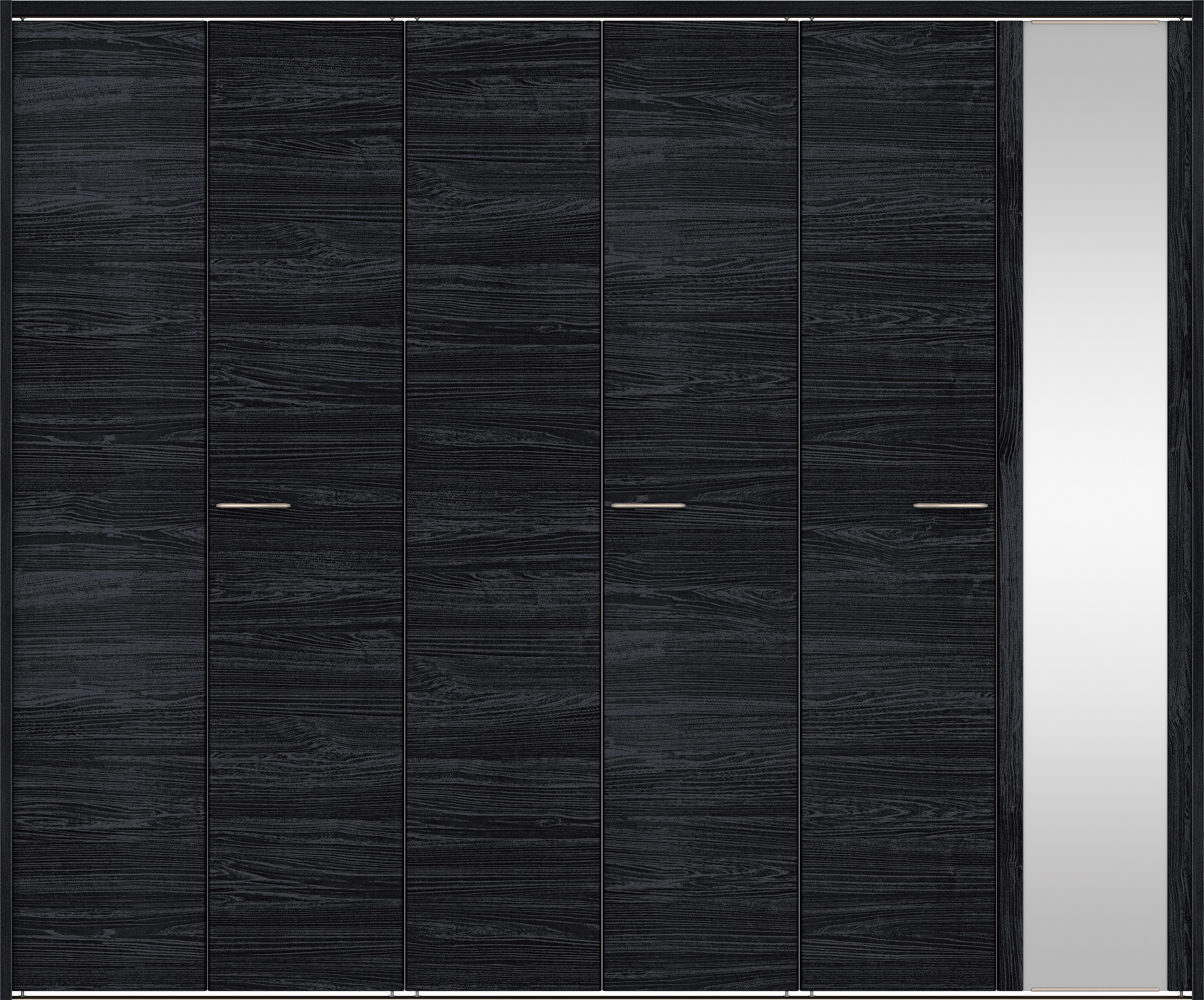 クローク収納　イエリア　折戸ユニット　フラット横木目タイプ　ミラー扉　下レール付三方枠（固定枠）　セット　２４５０幅（９尺間口）　２０３５高　〈モスブラック柄〉　ハンドルラウンド型〈Ｔシルバー色〉